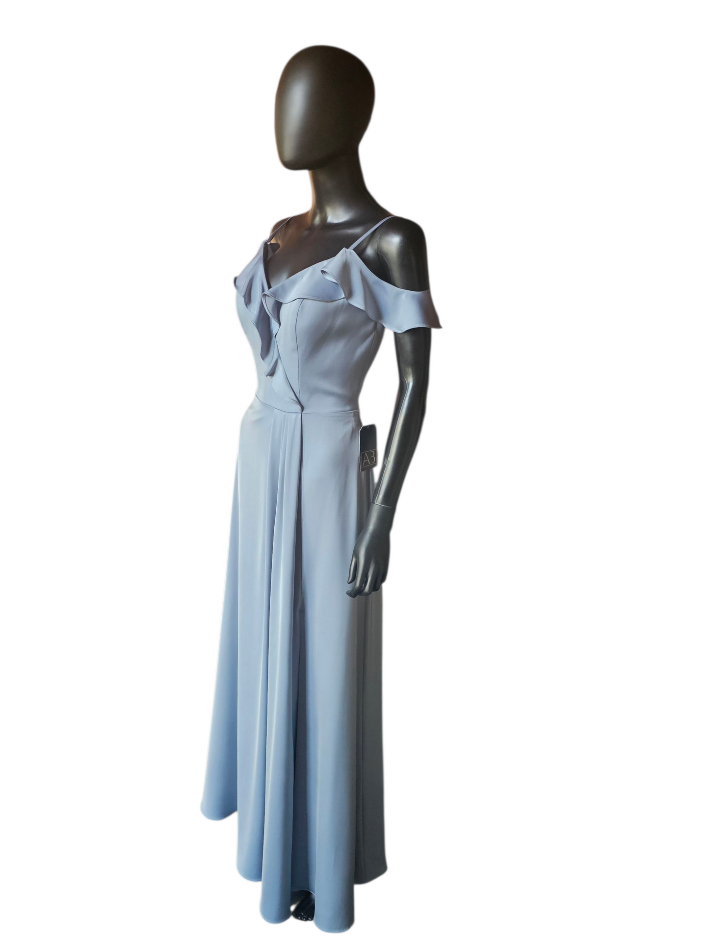Dusty Blue Soft Satin Flutter Sleeve Full Length Formal Dress - Da Vinci