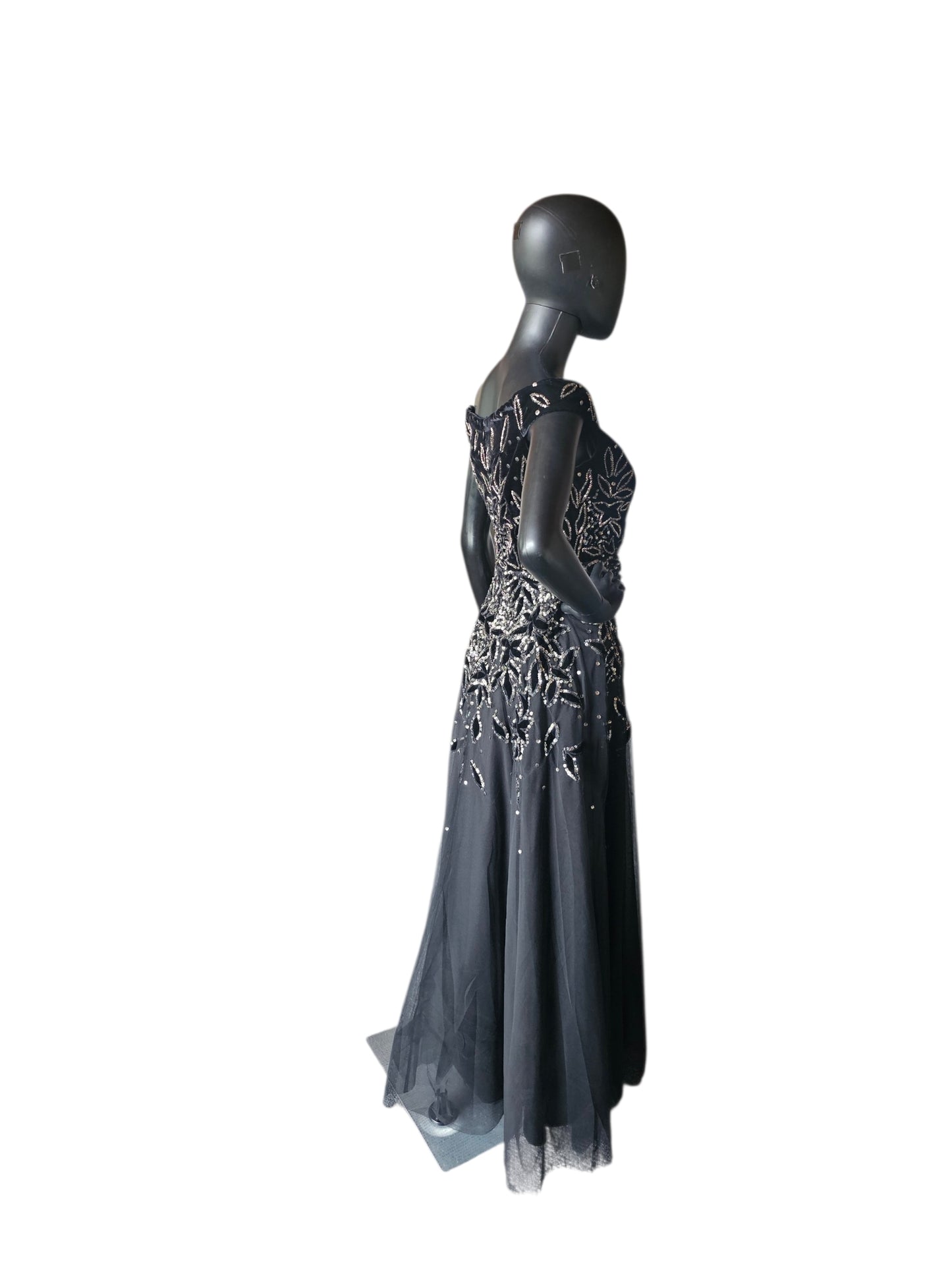 Black Velvet Off Shoulder Leaf Patter Sequin Fit/Flare Full Length Formal Gown - Adrianna Papell