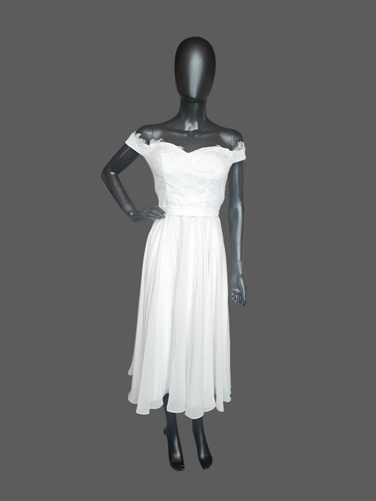 White Off Shoulder Tea Length Courthouse Wedding Dress - JJ's House NWT