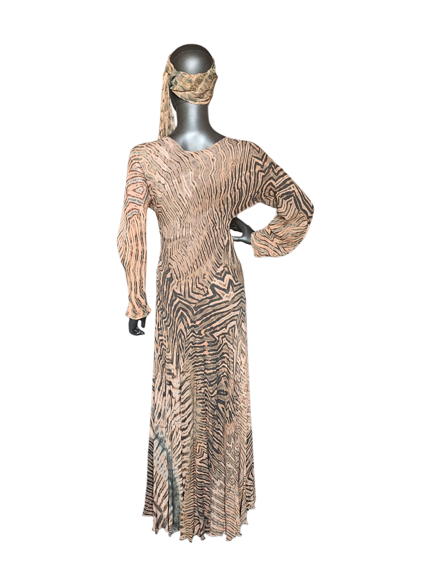 Brown/Black Shibori Silk Hand Dyed Bias Cut Maxi Swing Dress - Carter + Teri