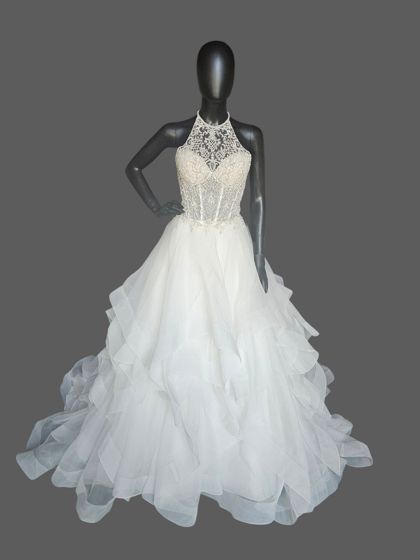 Ivory Horsehair Tiered Illusion Halter A-line NWOT Wedding Gown - Mori Lee