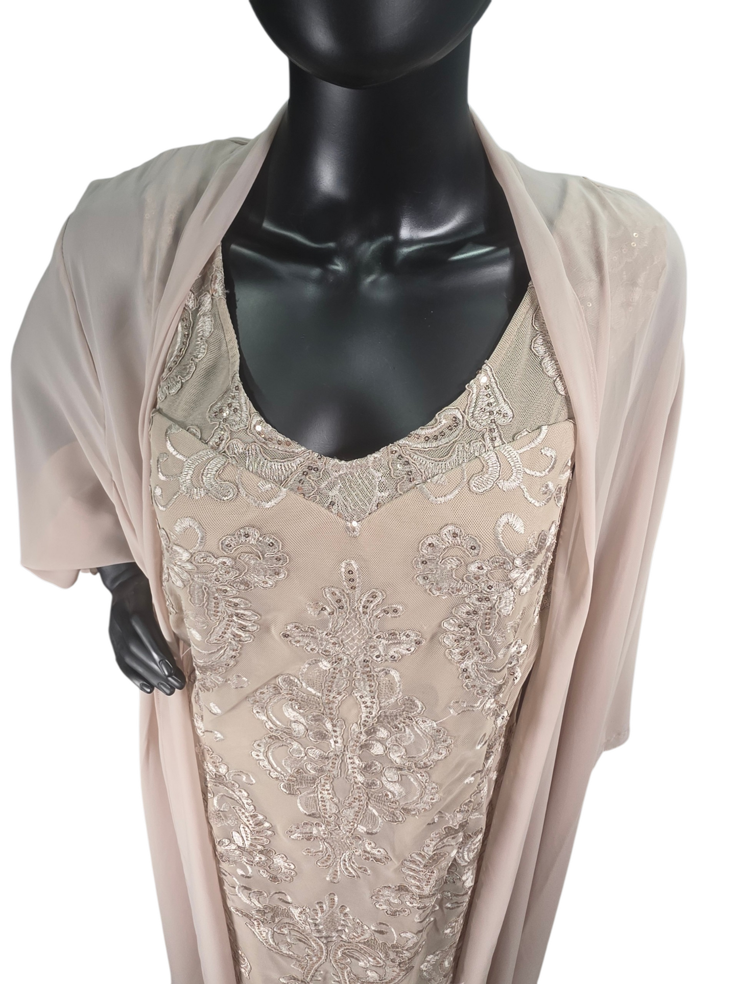 Champagne Knee Length Floral Sequin Design On Lace W/Chiffon Jacket Formal/Moms/Religious Occasion - R&M Richards