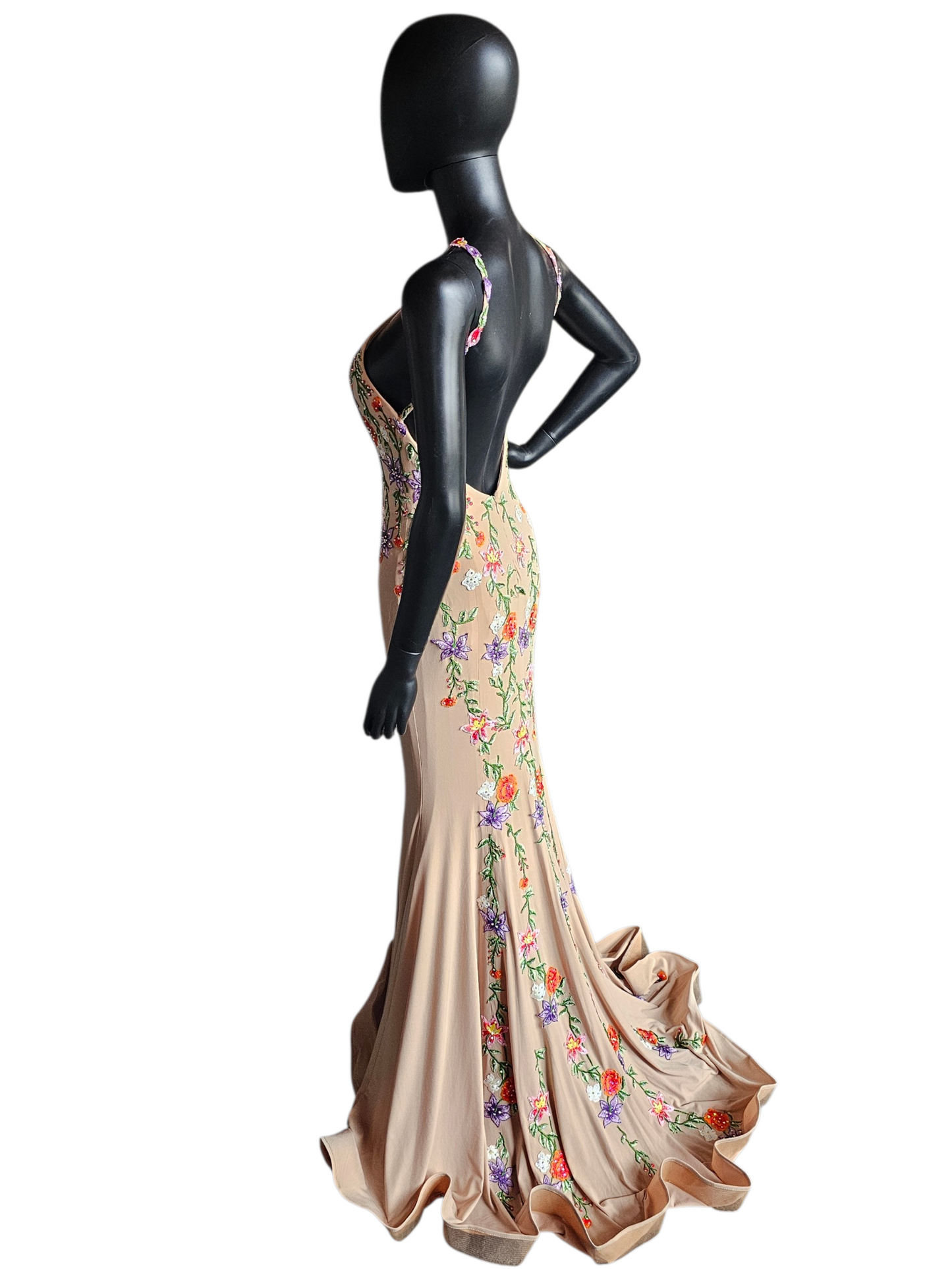 Nude/Multi Floral Halter Stretch Jersey Fit/Flare Formal Dress NWT - Jovani