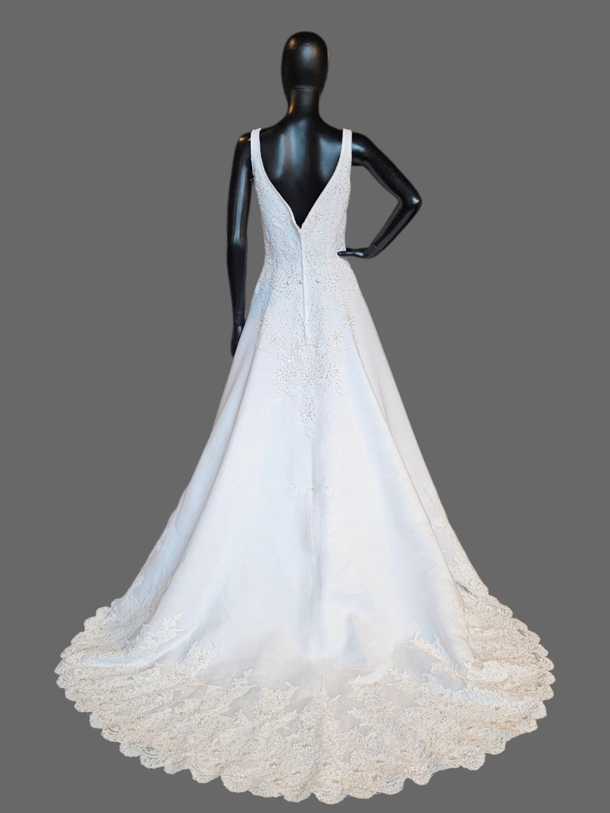 V-Neck Lace Applique Organza Wedding Gown - Oleg Cassini
