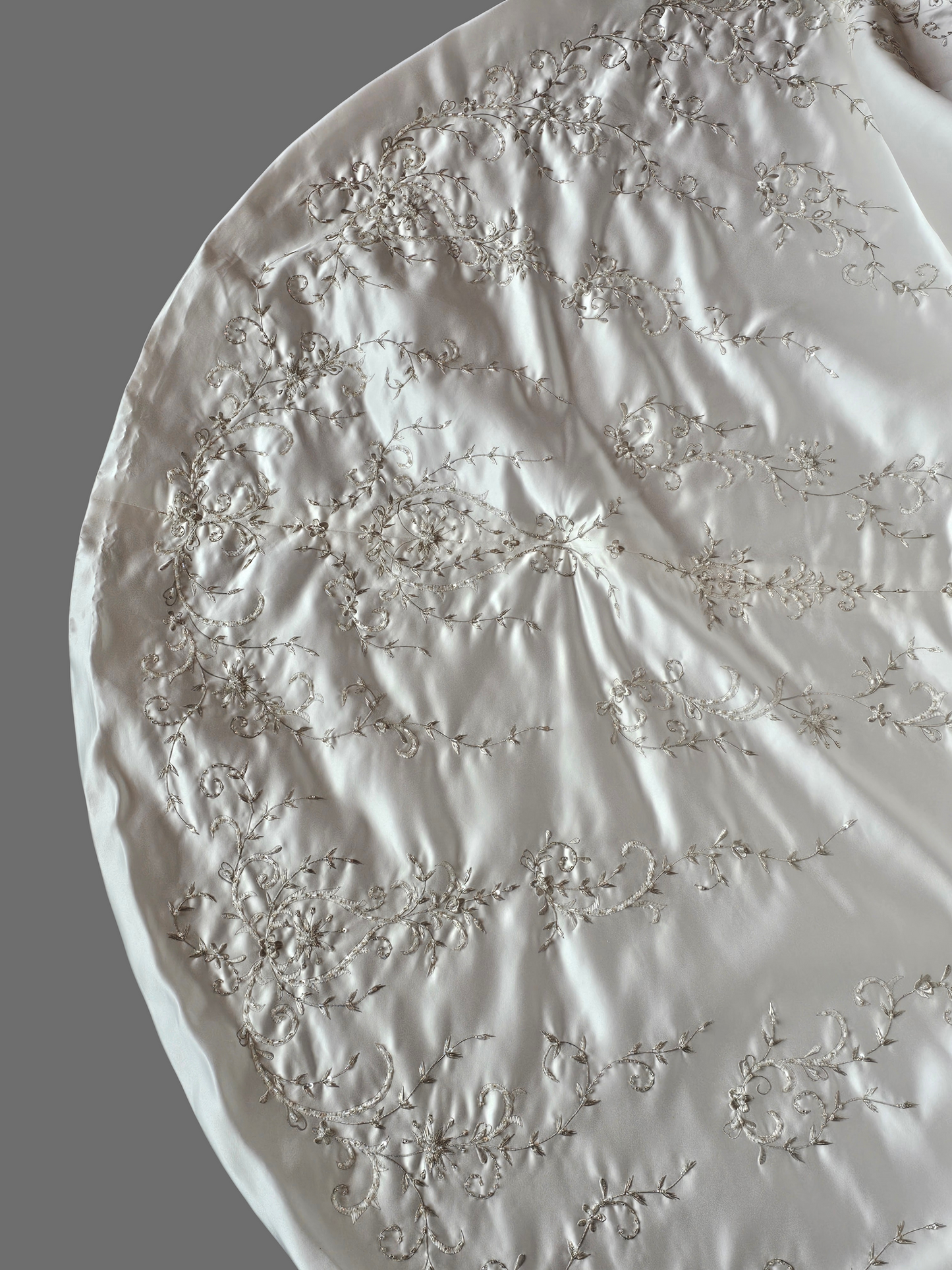 Ivory Satin Strapless Basque Waist Embroidered Wedding Gown  - Signature