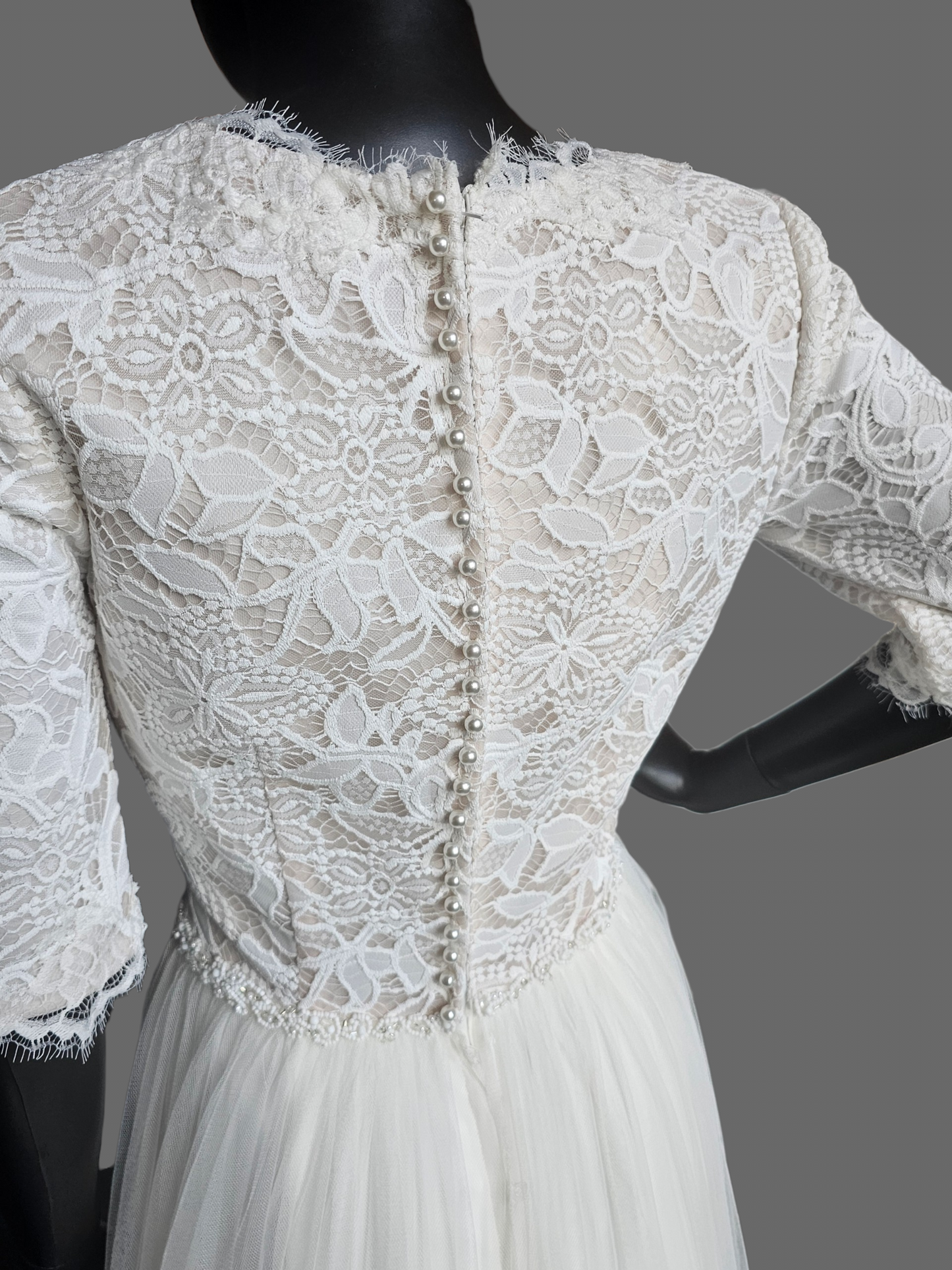 Ivory Lace Bodice V-Neck 3/4 Sleeve Wedding Gown - Rebecca Ingram