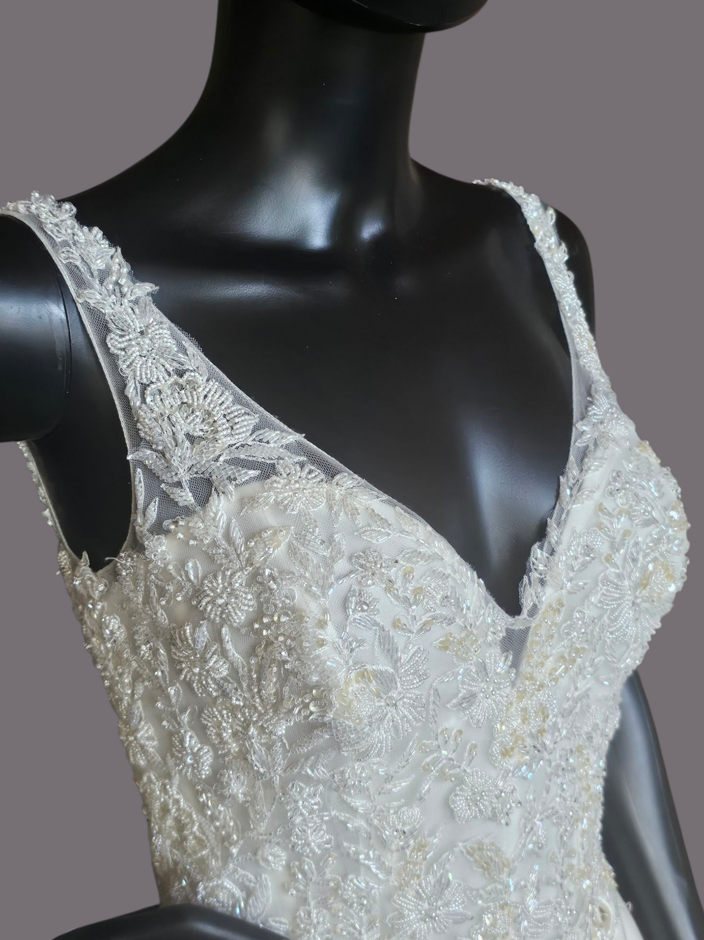 Ivory Ballgown Satin V-Neck Illusion Wedding Gown  - Da Vinci