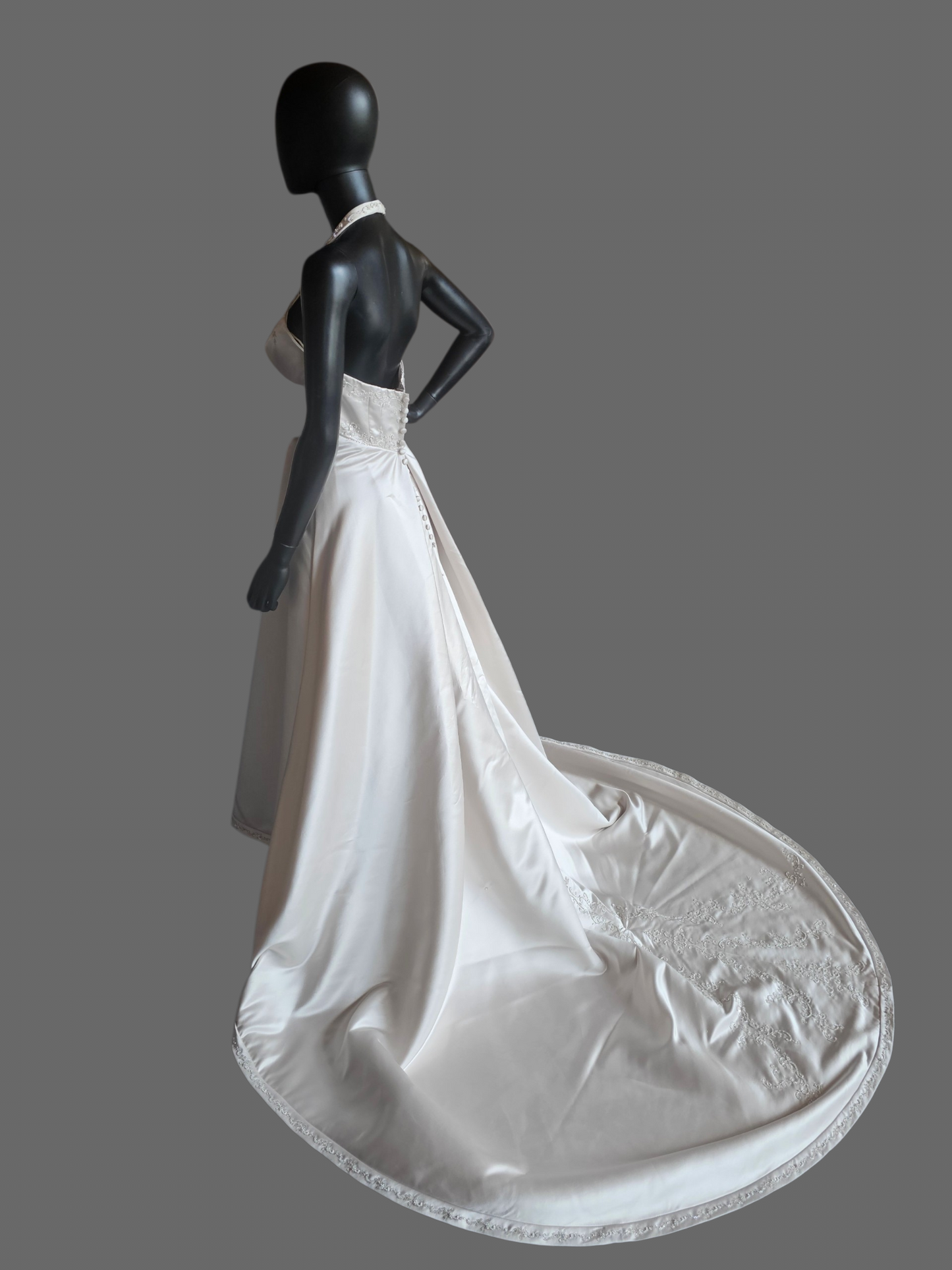 Oyster Satin Empire Square Neck Halter Wedding Gown