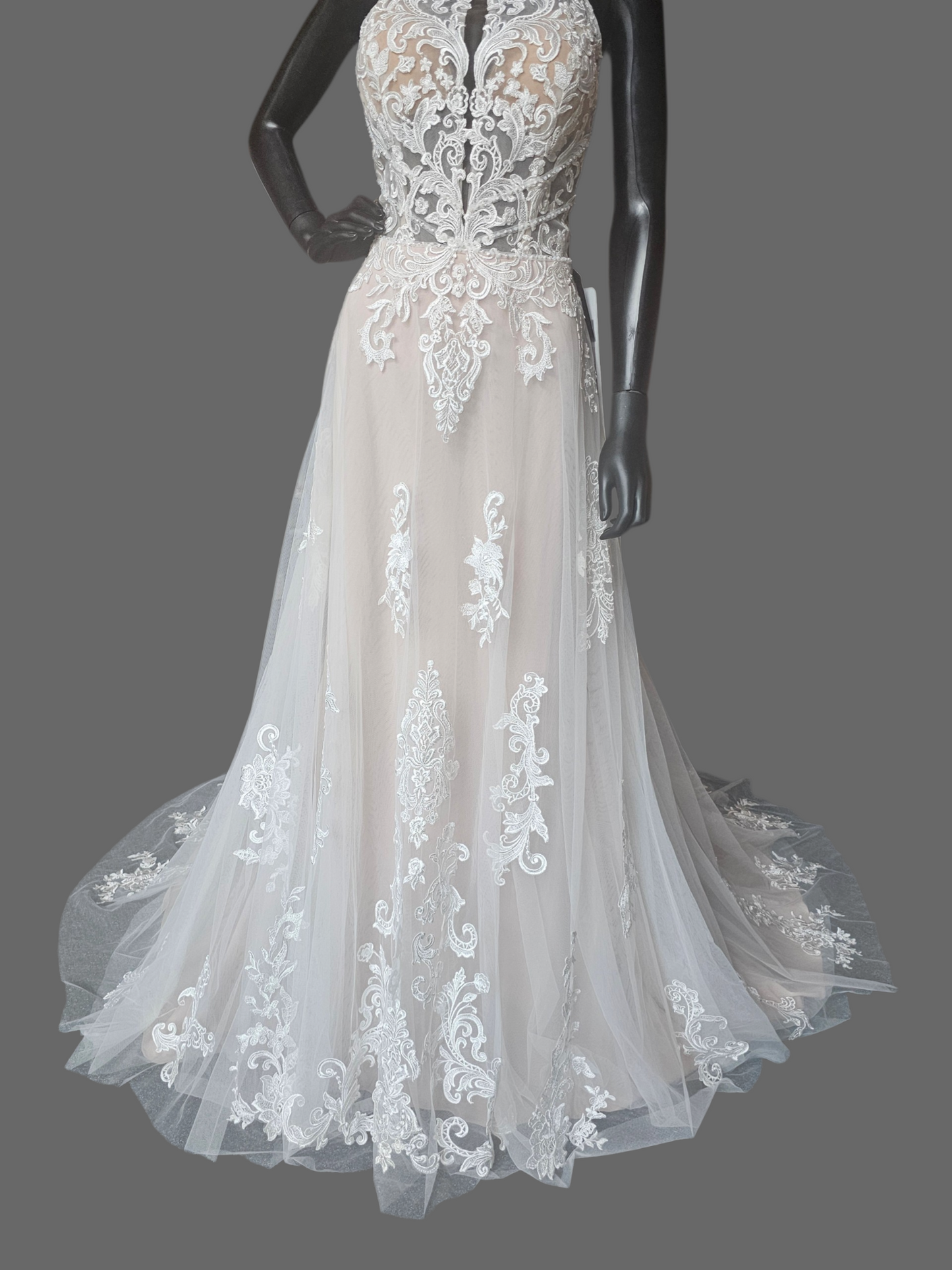 Lace Halter A-Line Open Back Wedding Gown - Mori Lee