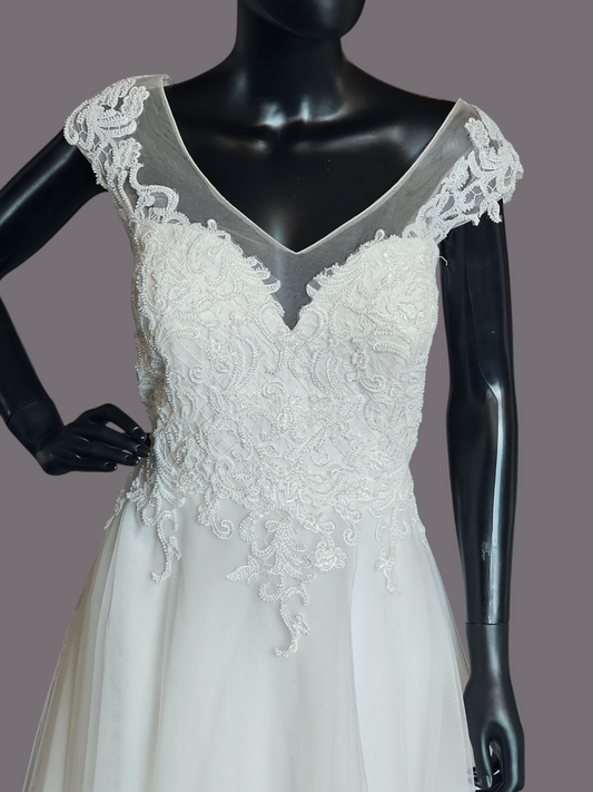 Ivory V-Neck Illusion Cap Sleeve A-Line Wedding Gown - Evelyn Bridal