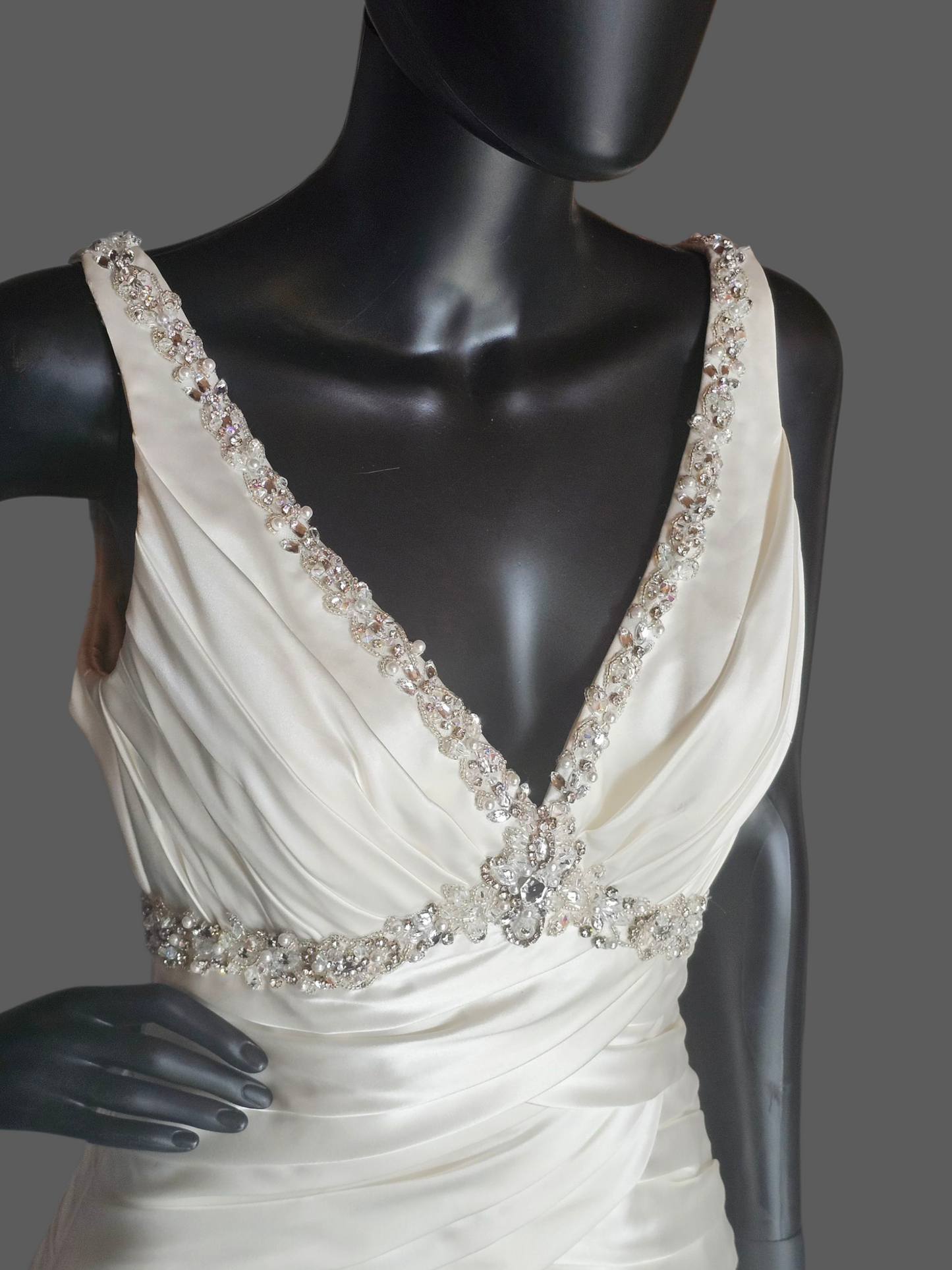 Ivory Satin V-Neck Jewel Detail A-Line Wedding Gown - Mori Lee