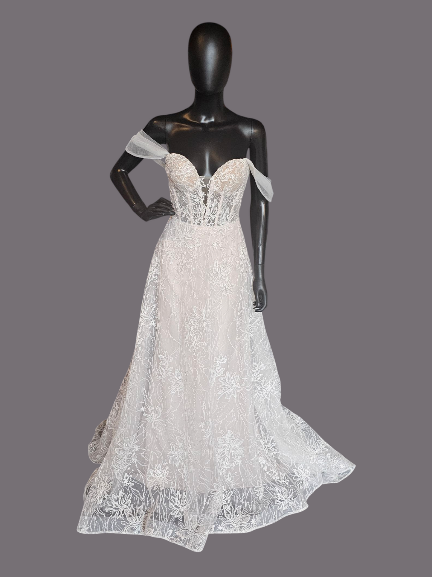 Natural Waist Off Shoulder Vintage Rose Embroidered Wedding Gown