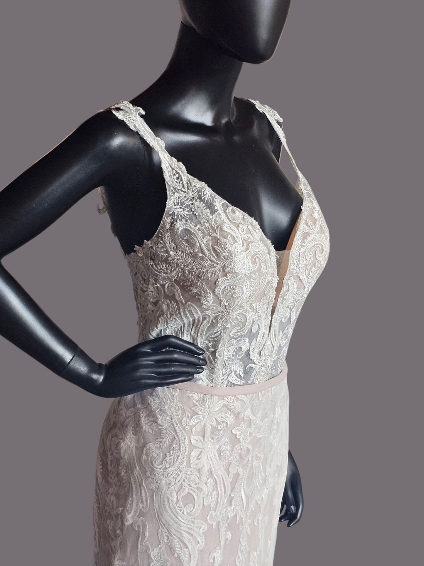 Ivory/Cappuccino Lace Applique Fit and Flare - Mori Lee