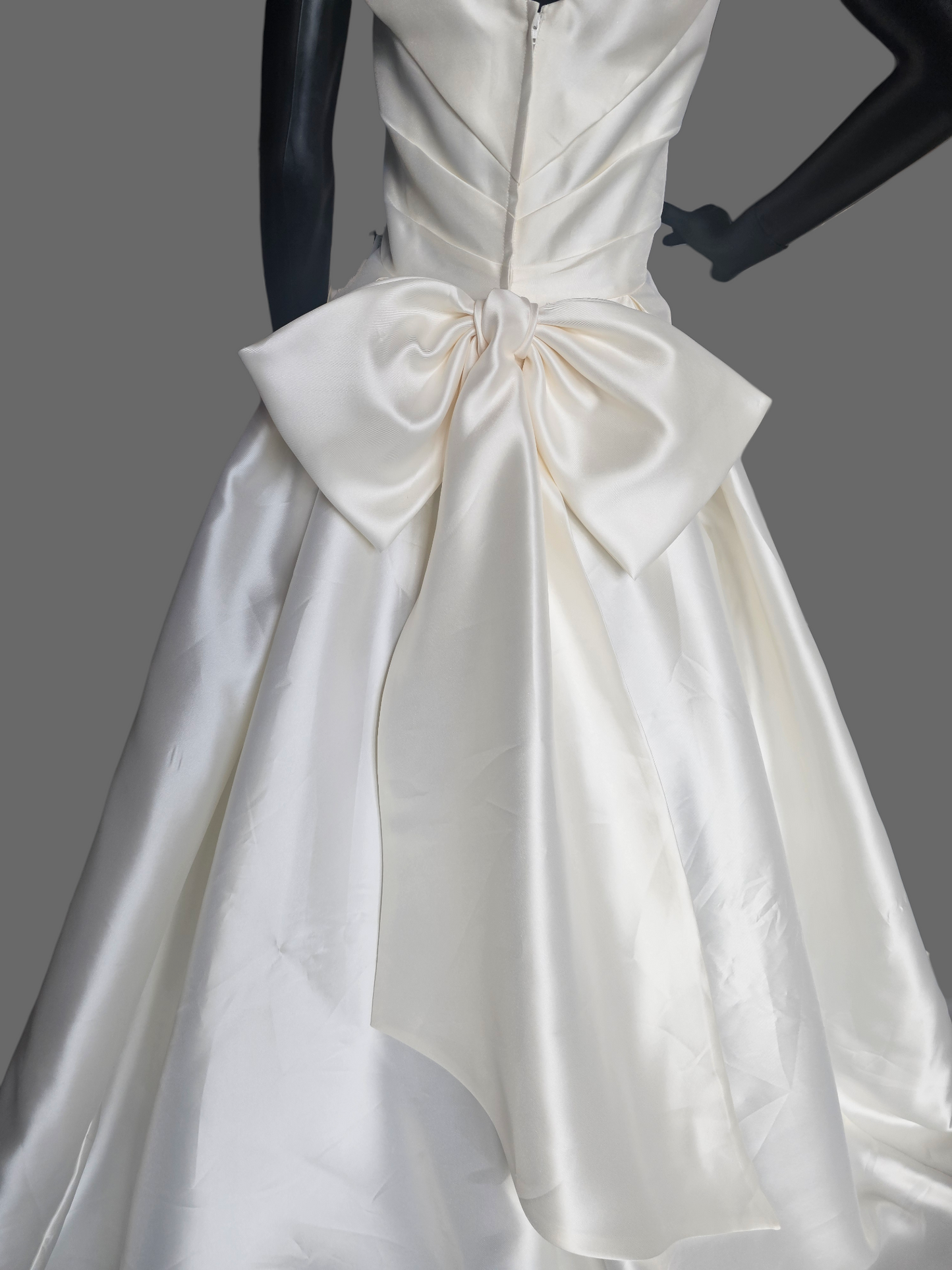 Ivory Mikado Off Shoulder  A-Line Wedding Gown W/Removable Bow - Ashley + Justin