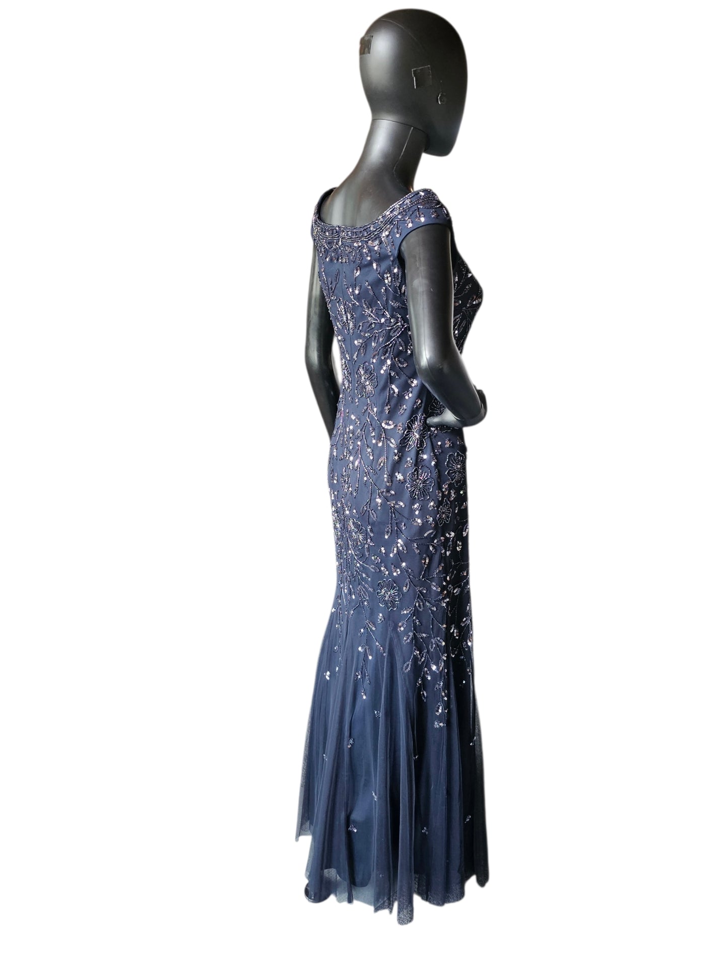 Navy Beaded Fit/Flare Off Shoulder Full Length Formal Dress - Oleg Cassini