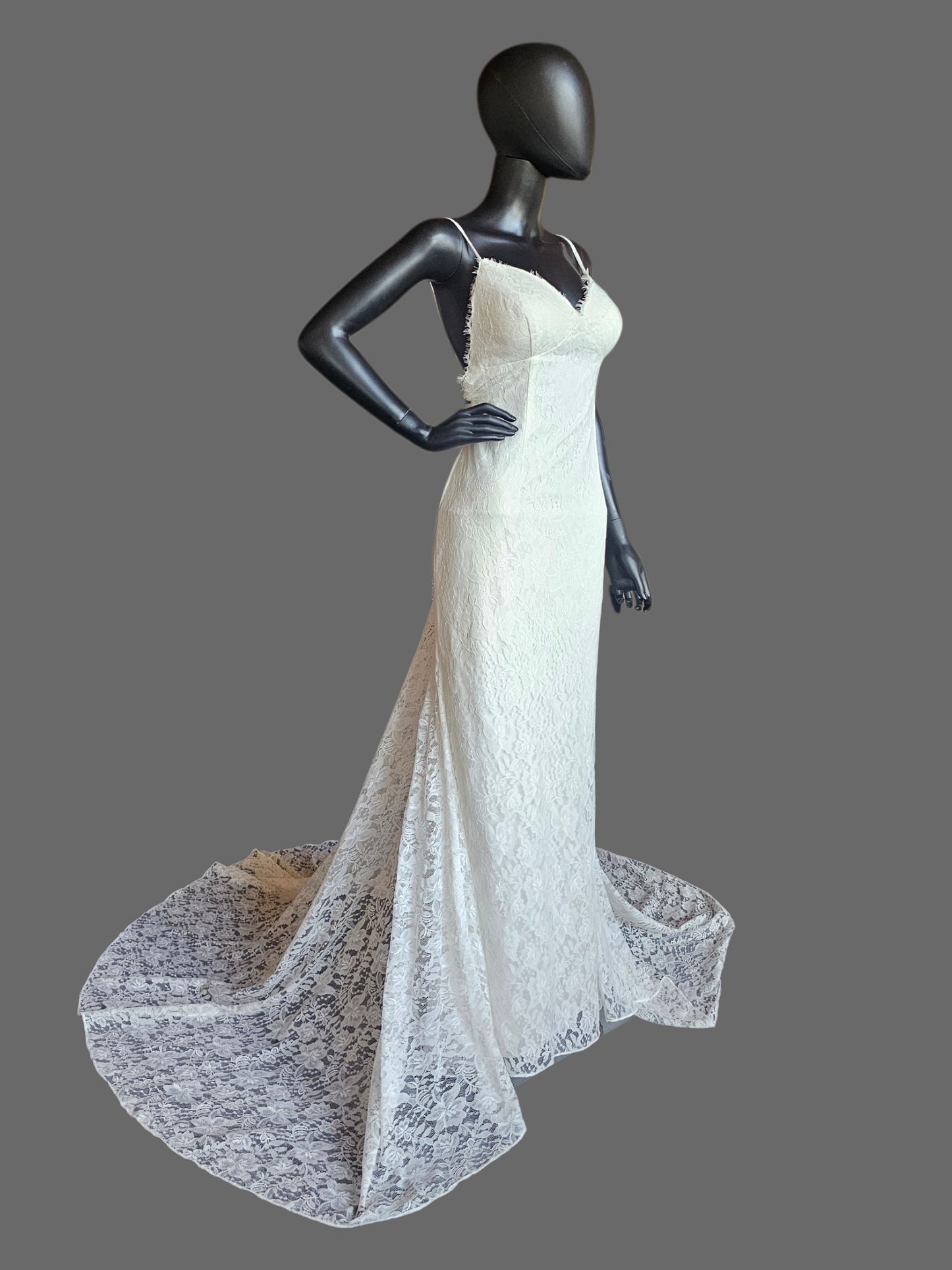 Floral Lace Fit/Flare Open Back Spaghetti Strap Fitted Wedding Gown - Galina