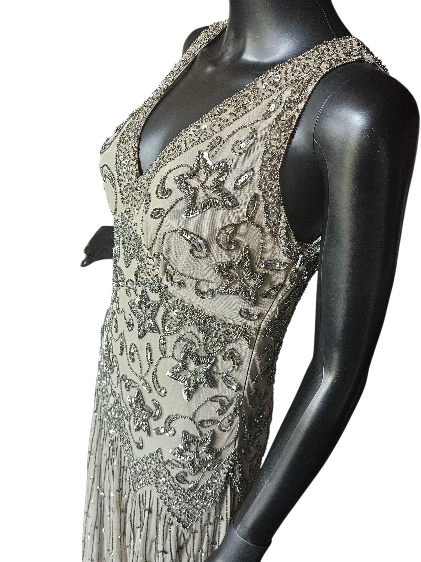 Sage Green/Metallic Beaded Drop Waist Party Dress - Pissaro Nights