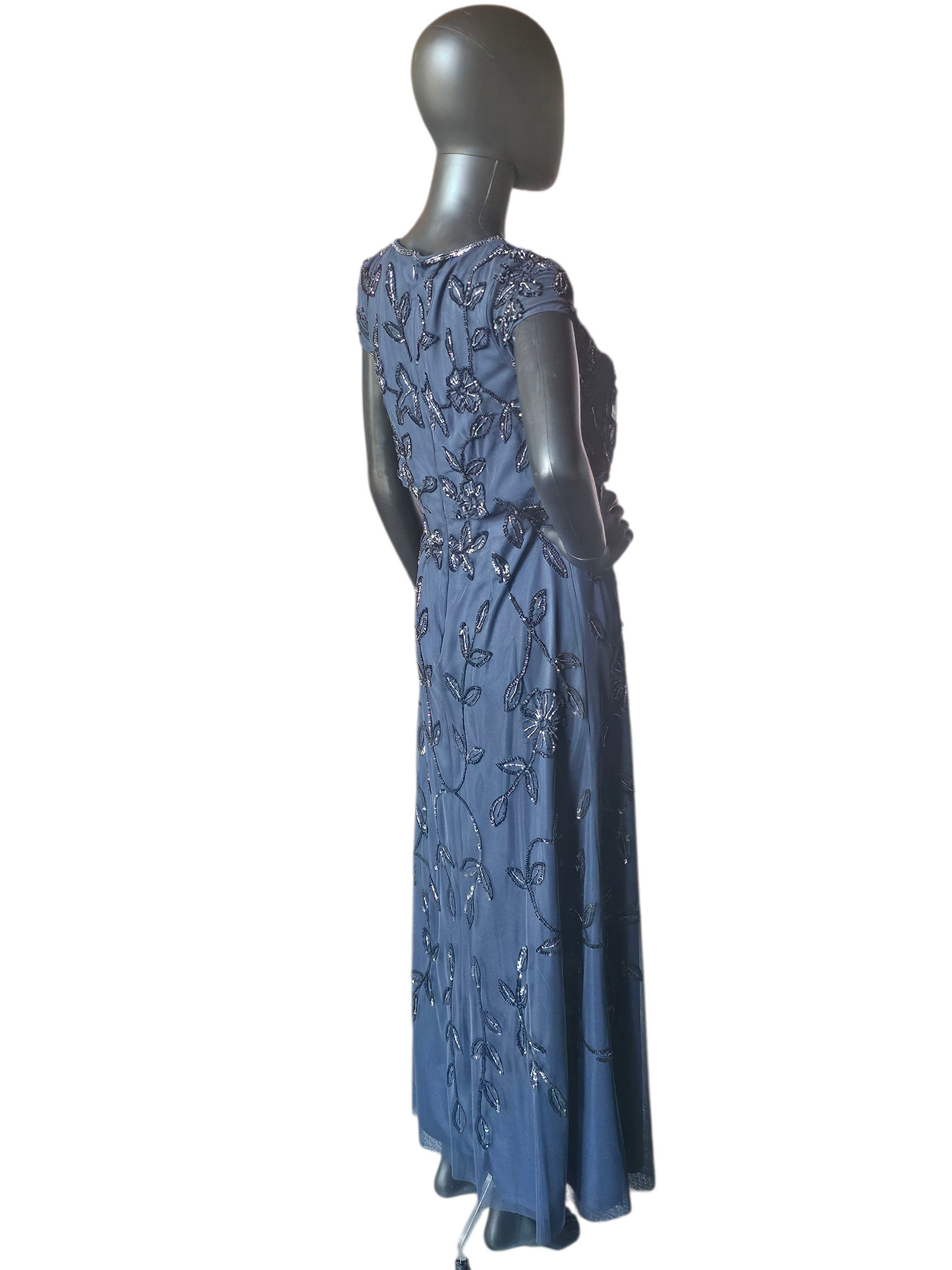 Navy Floral Blouson Cap Sleeve Formal Dress - Adrianna Papell