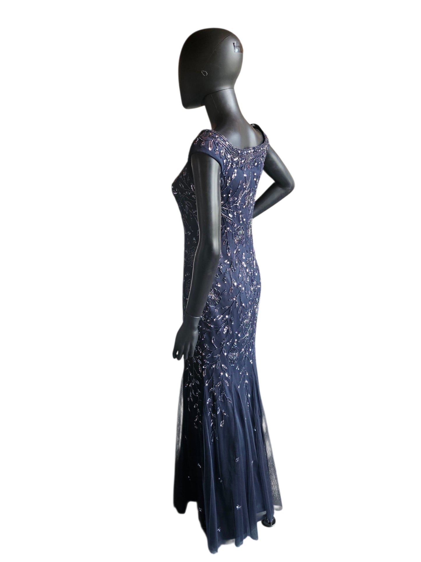 Navy Beaded Fit/Flare Off Shoulder Full Length Formal Dress - Oleg Cassini