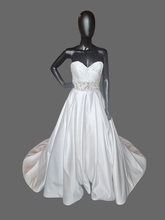 White Satin Box Pleat Crystal Waist Wedding Gown - Mori Lee