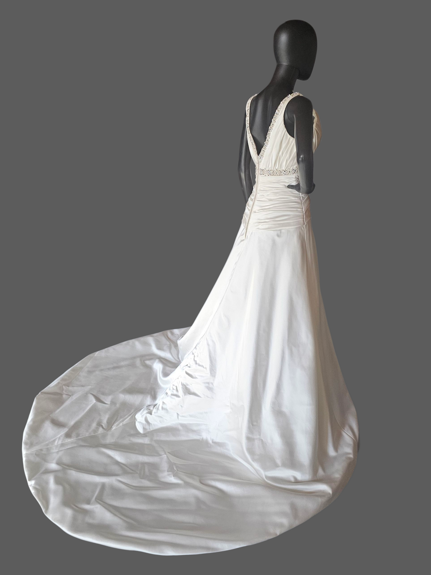 Ivory Satin V-Neck Jewel Detail A-Line Wedding Gown - Mori Lee