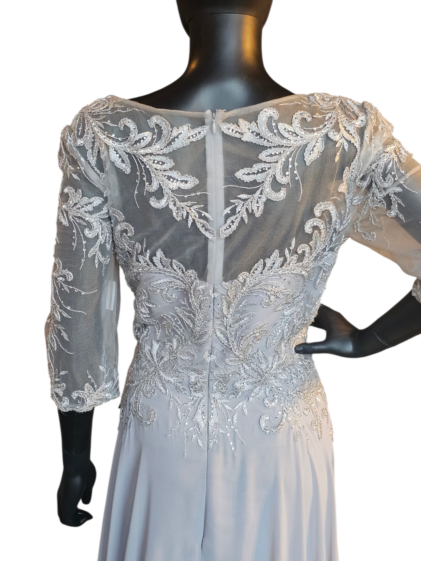 Silver Long Sleeve Illusion Bodice Maxi Formal Evening Gown - Madaline Gardner NY