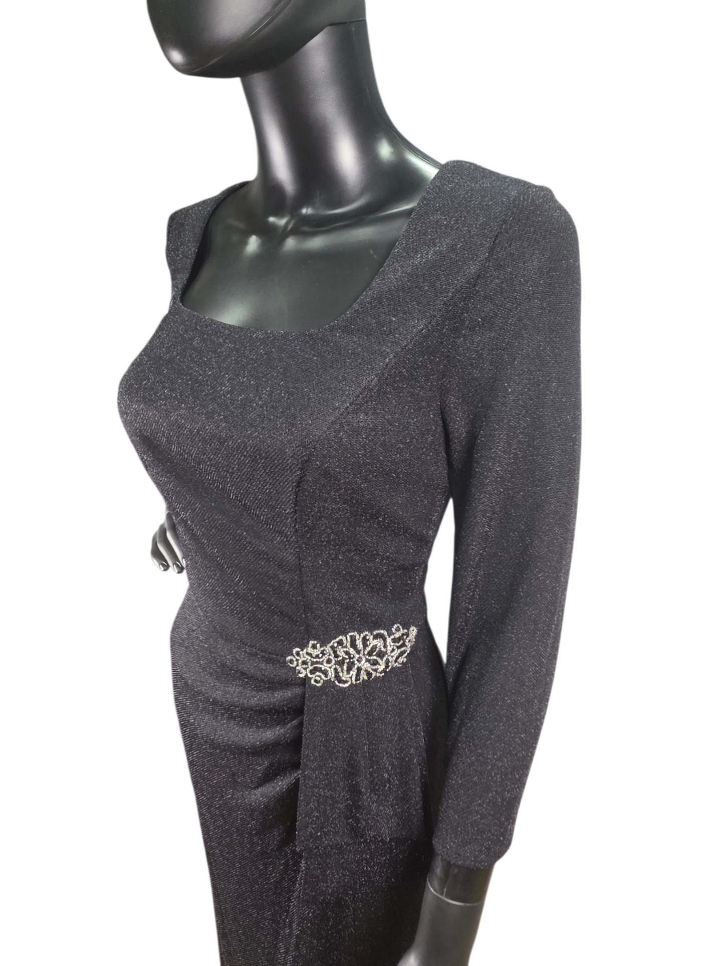 Black Shimmer Taffeta Side Ruched With Gold Accented Applica Boat Neck Formal/Moms Dress - Alex Evenings