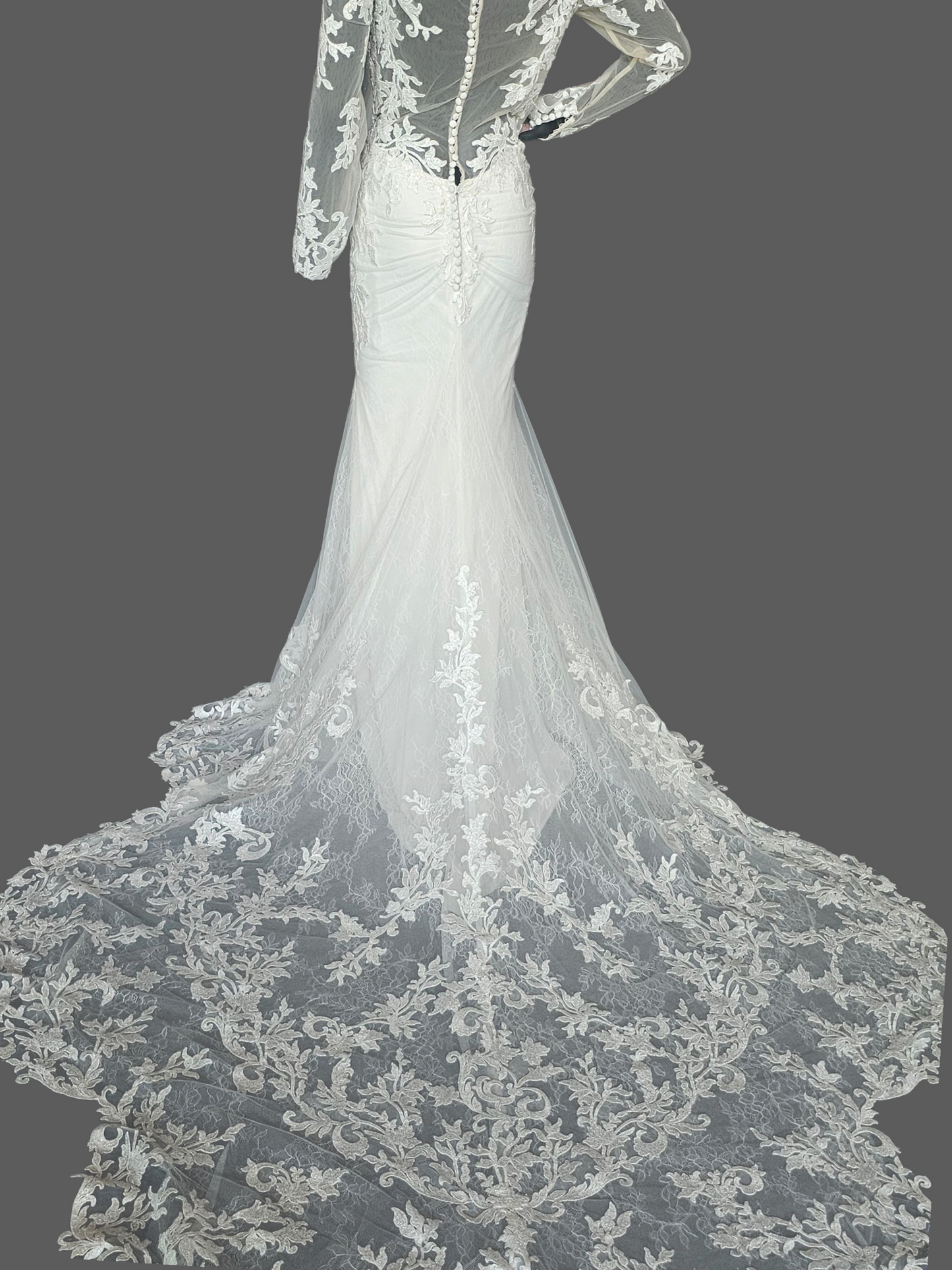 Ivory Lace Overlay Long Sleeve Plunge Fit/Flare Scallop Train Wedding Gown - Mori Lee