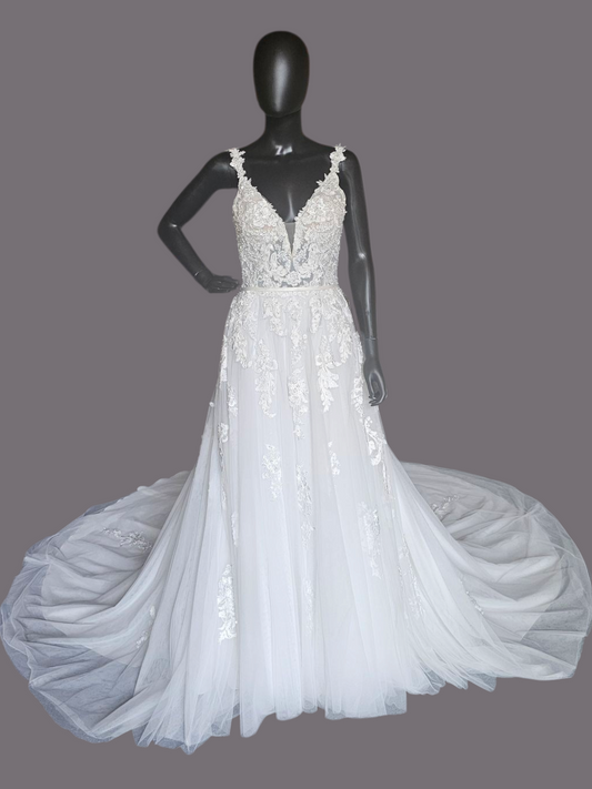 Ivory A-Line Wide Strap V-neck Plunge Wedding Gown - Mori Lee