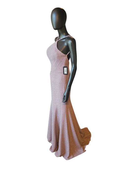 Sand Sparkle Fit/Flare Halter Open Back Maxi Formal/Gala/Prom Dress- Jovanni