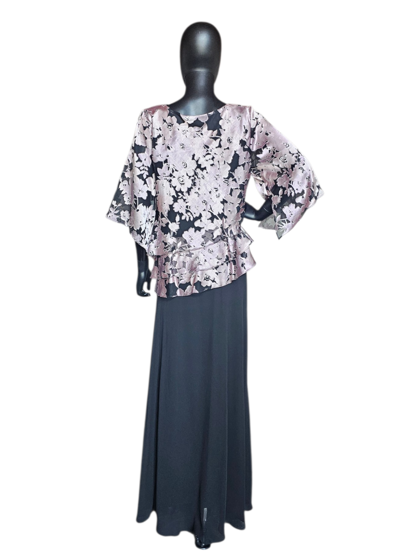 Lavender/Black Floral 3/4 Sleeve 2 Piece Chiffon Shirt And Skirt Moms Outfit- Alex Evenings