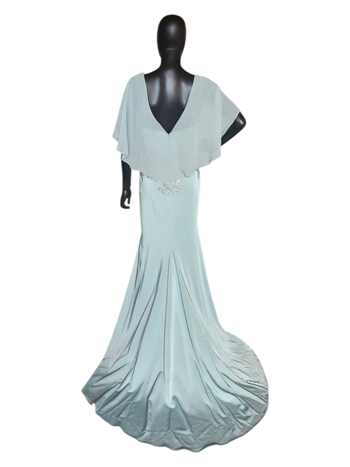 Deep Aqua/Silver Embroidered Chiffon Flutter Sleeve Formal Dress - Madeline Gardner