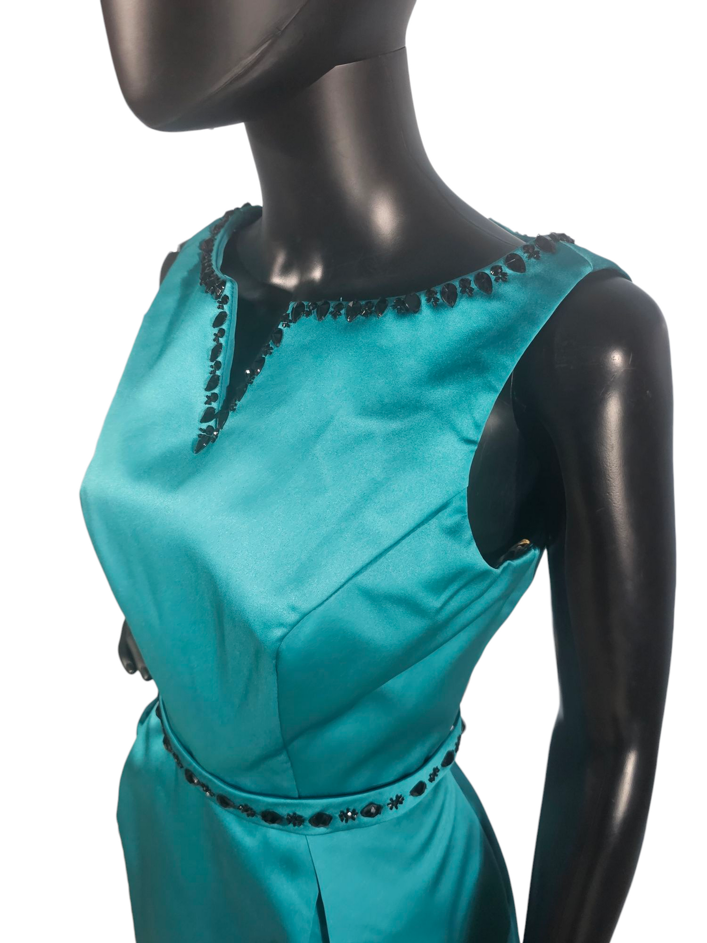Teal Satin/Black Crystal A-Line Cocktail Dress - Da Vinci