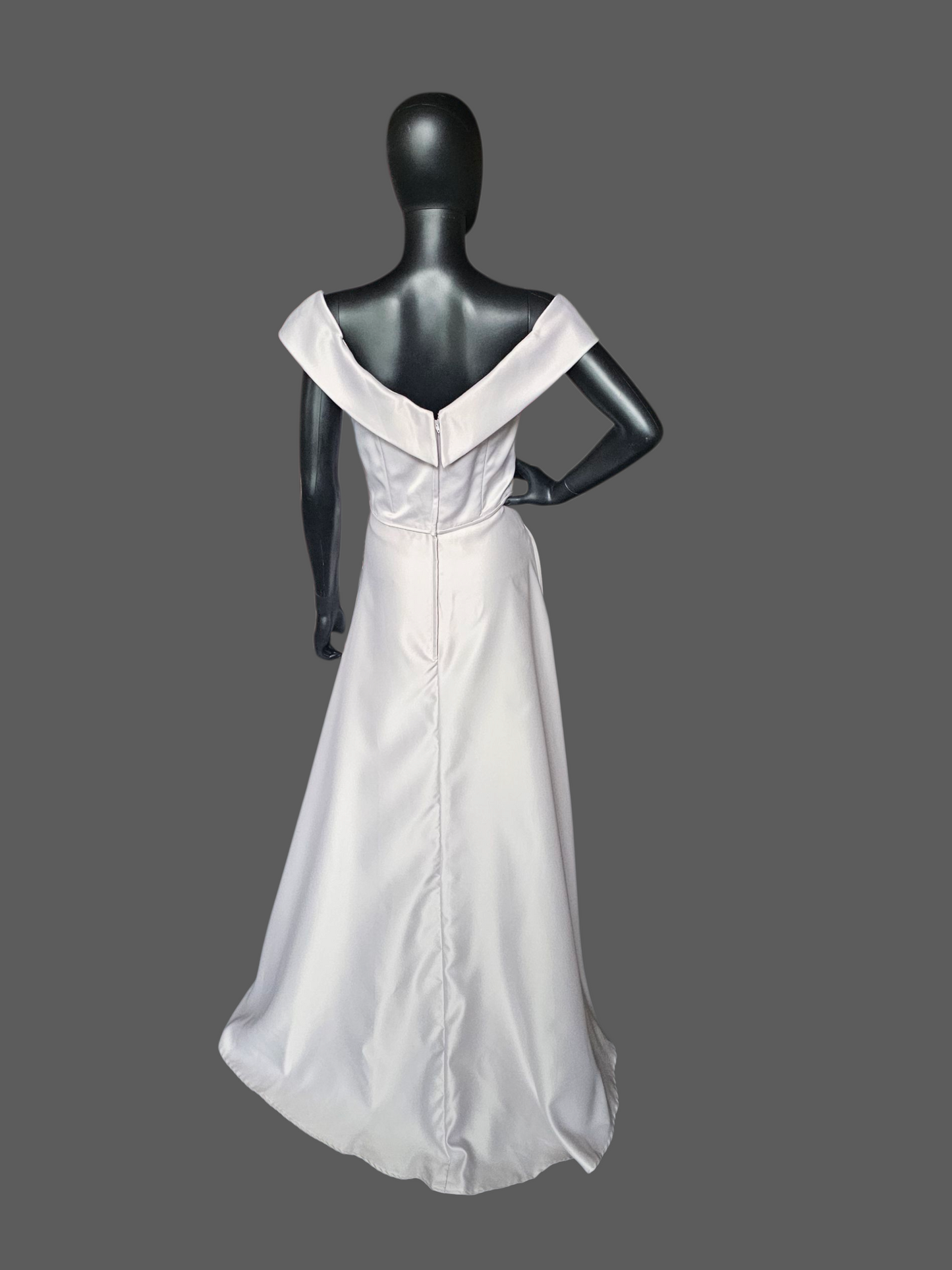 Dew Drop (Silver) Off Shoulder Satin Full Length A-Line Formal Dress - Mori Lee