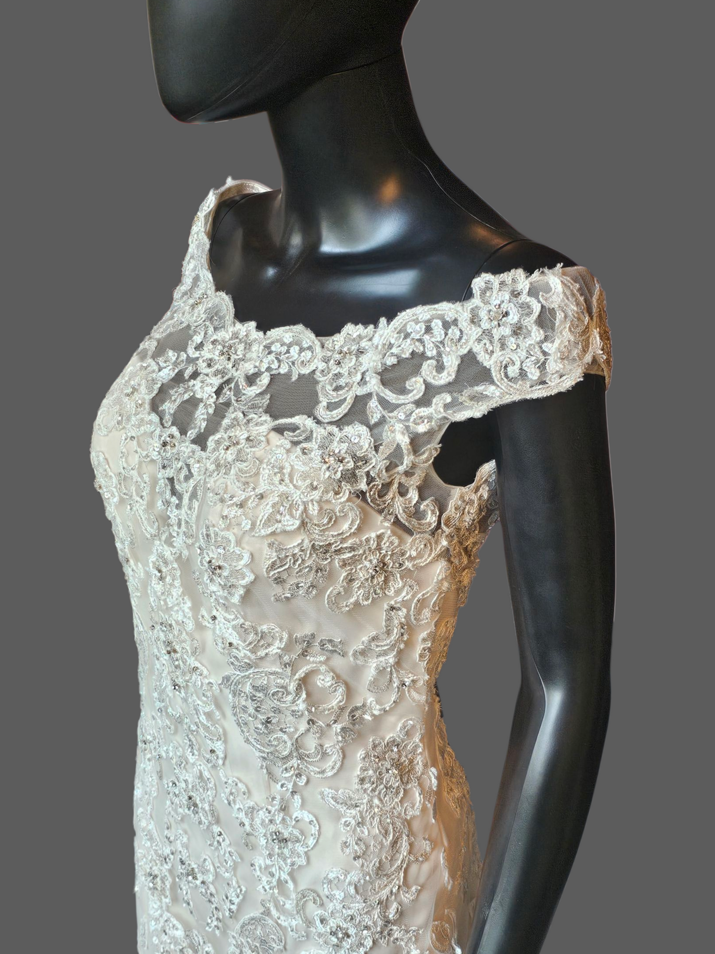 Ivory/Champagne Off Shoulder Fit and Flare Sparkle Illusion Wedding Gown