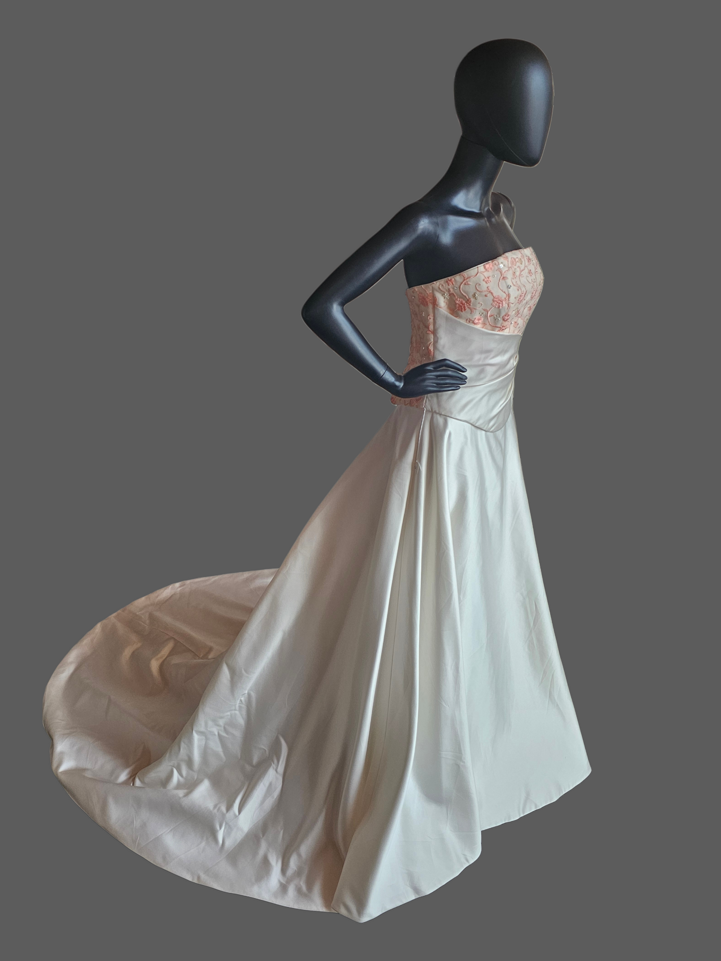 Ivory/Coral Pink Embroidered Strapless 2-Piece Wedding Gown