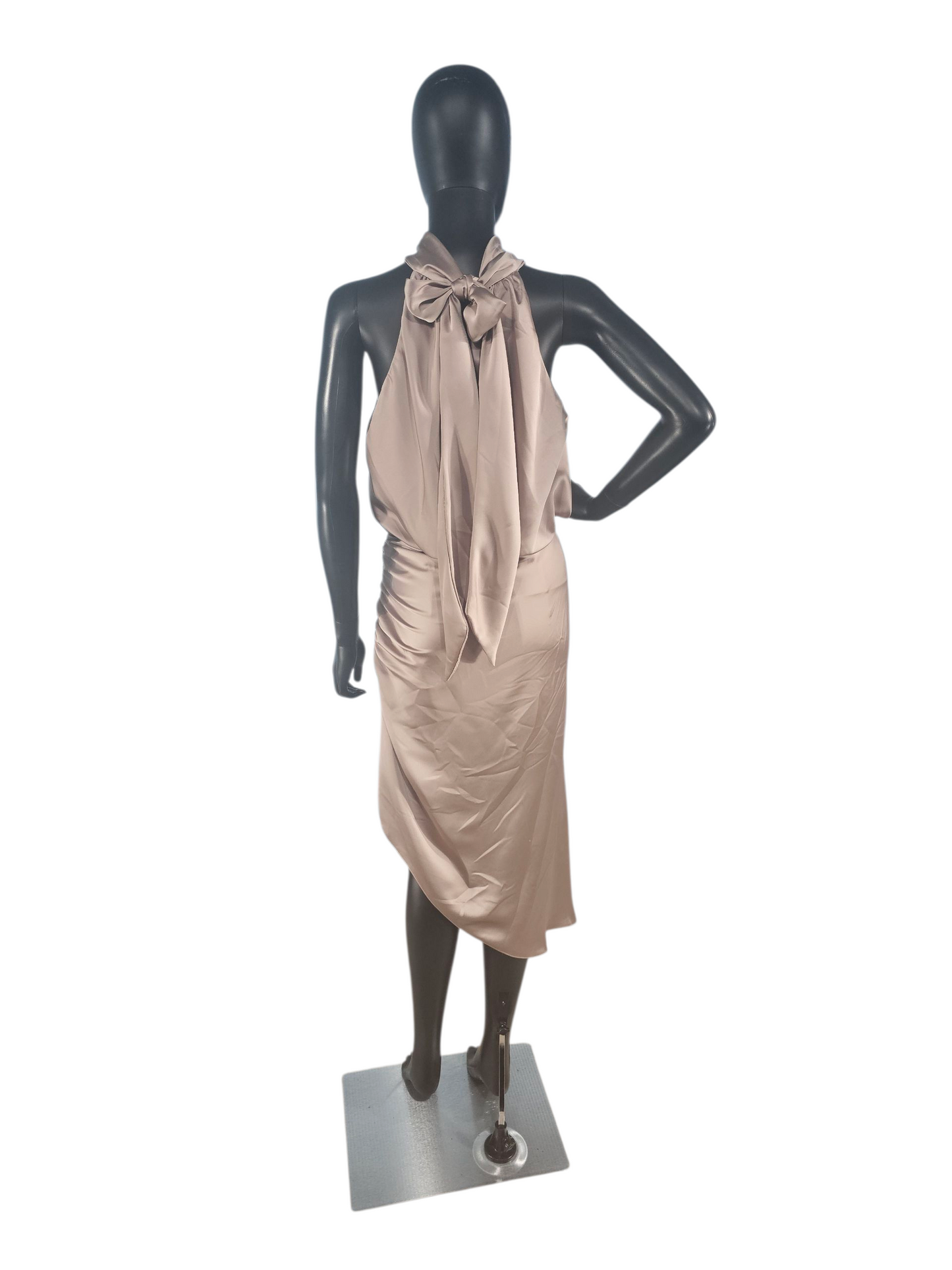 Latte Charmeuse Mock Neck Asymmetrical Cocktail Dress - Mori Lee