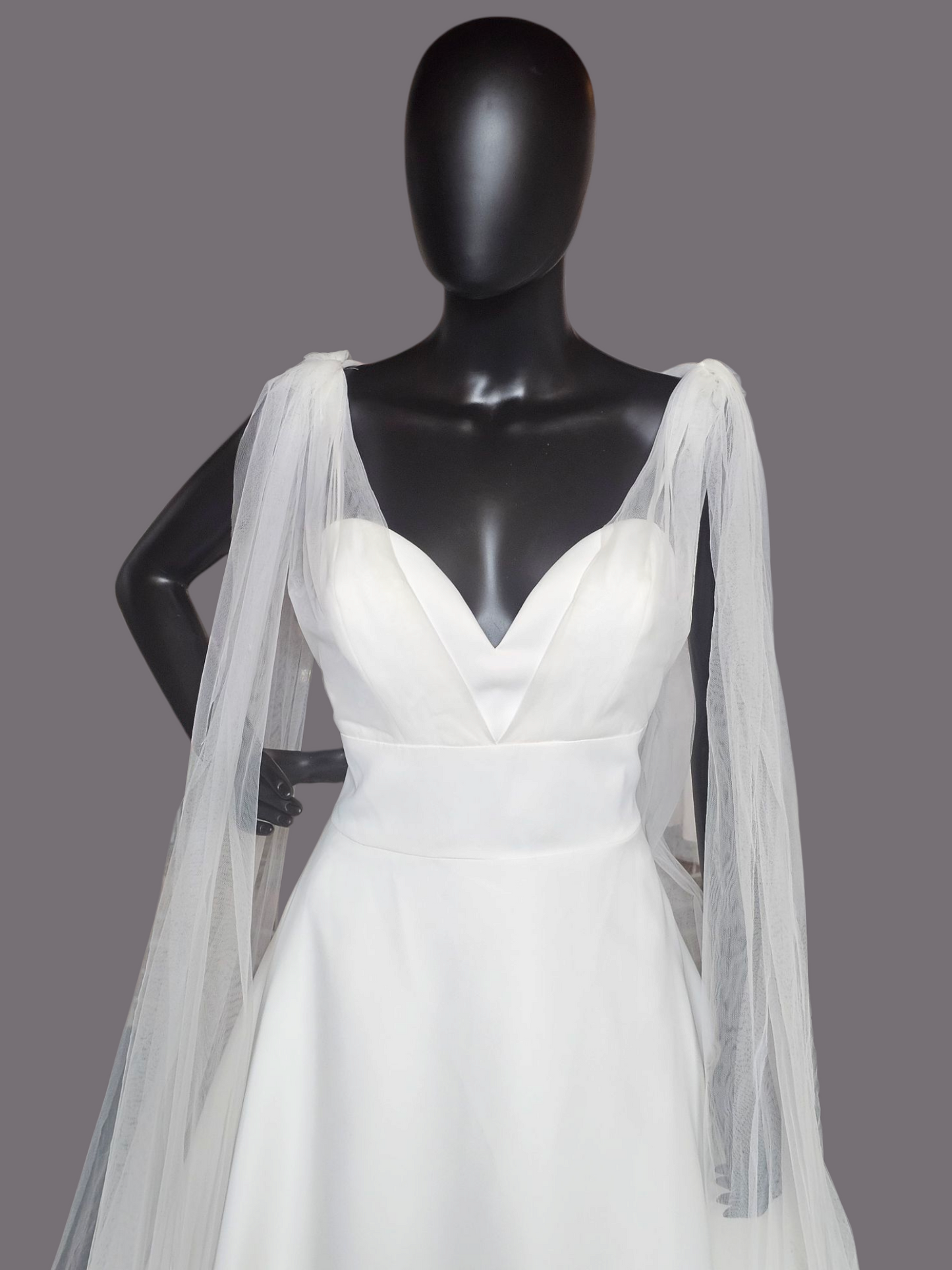 Plunge V-Neck Tulle Arm Detail Wedding Gown - Amy & Eve