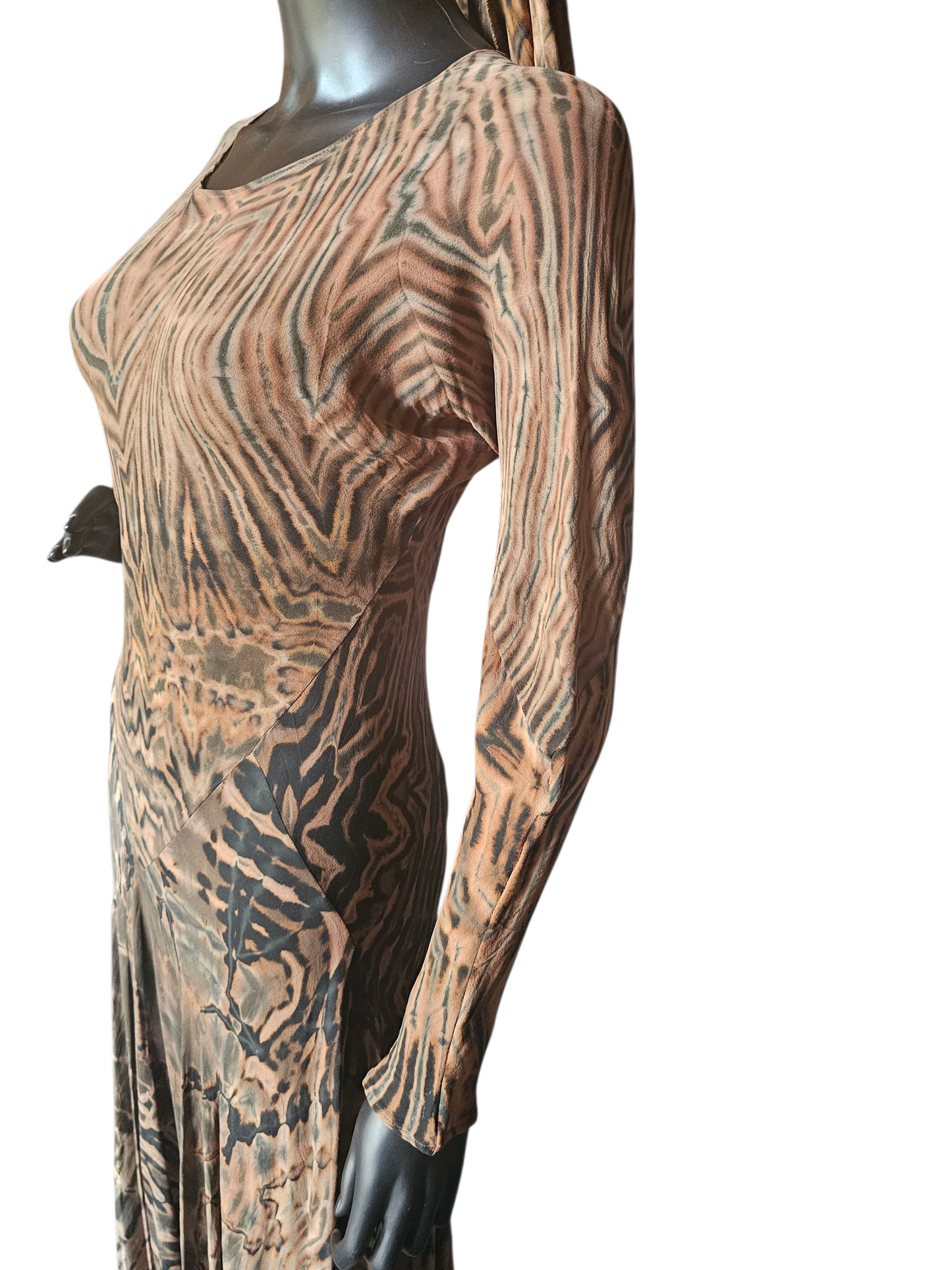 Brown/Black Shibori Silk Hand Dyed Bias Cut Maxi Swing Dress - Carter + Teri