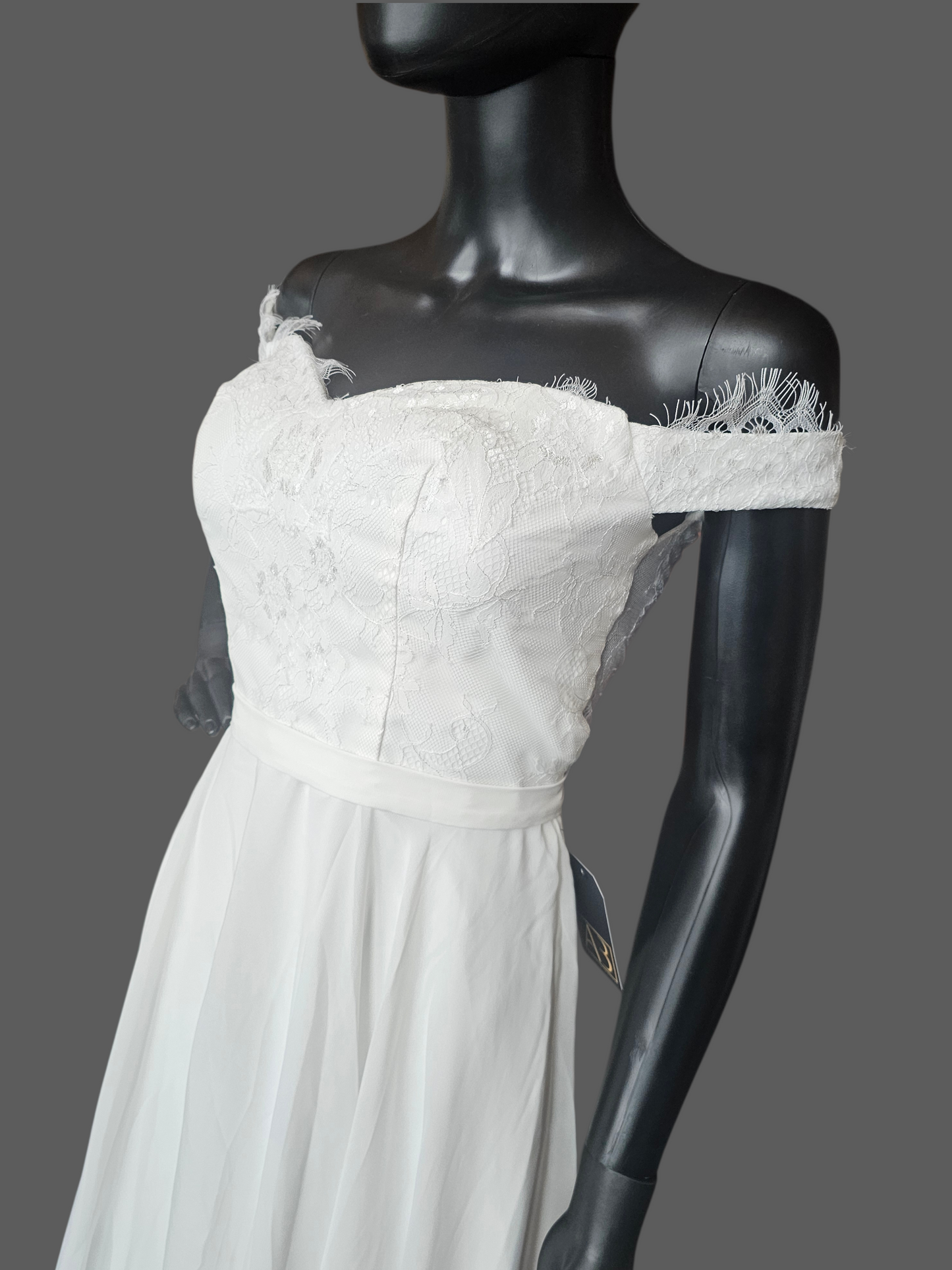 White Off Shoulder Tea Length Courthouse Wedding Dress - JJ's House NWT