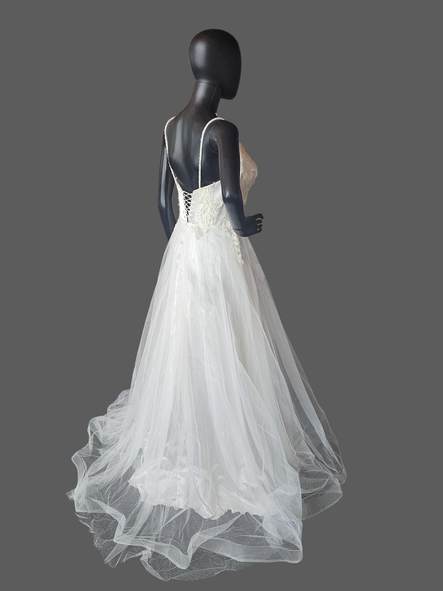 Spaghetti Strap Ivory Floral Embroidered Side Slit Wedd8ng Gown - Di La Sena