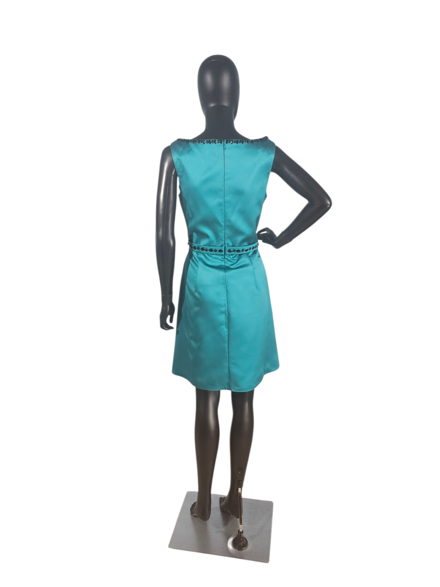 Teal Satin/Black Crystal A-Line Cocktail Dress - Da Vinci
