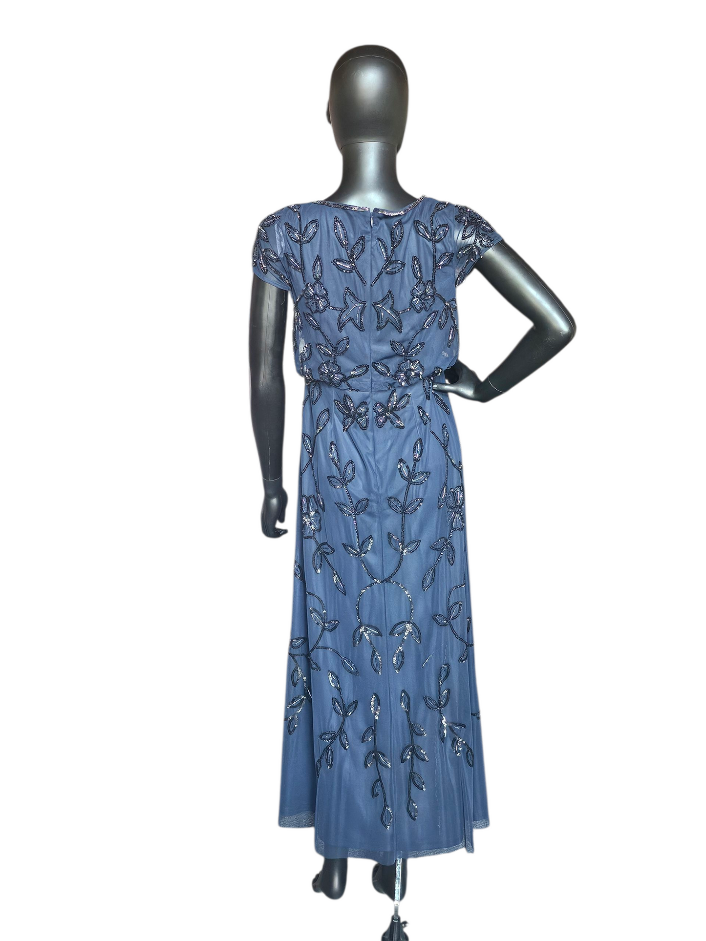 Navy Floral Blouson Cap Sleeve Formal Dress - Adrianna Papell