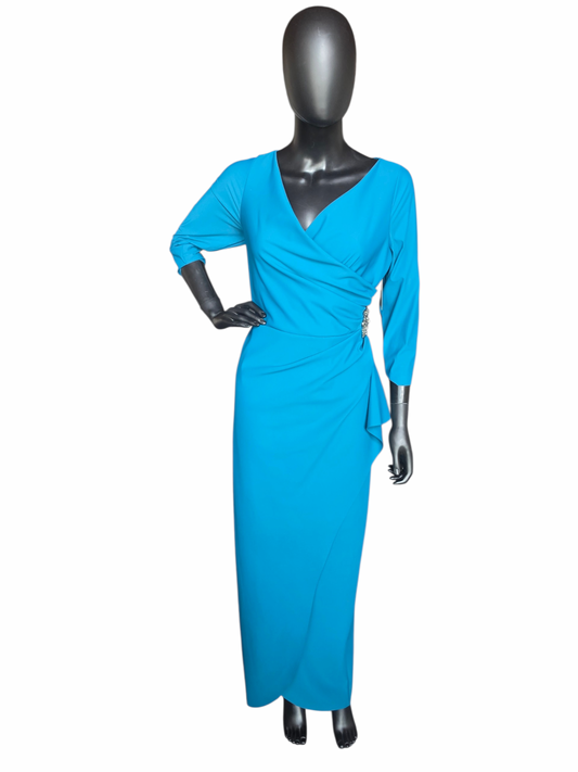 Teal Stretch Scuba Side Ruched Long Sleeve Formal Dress - Jeanne Alexander