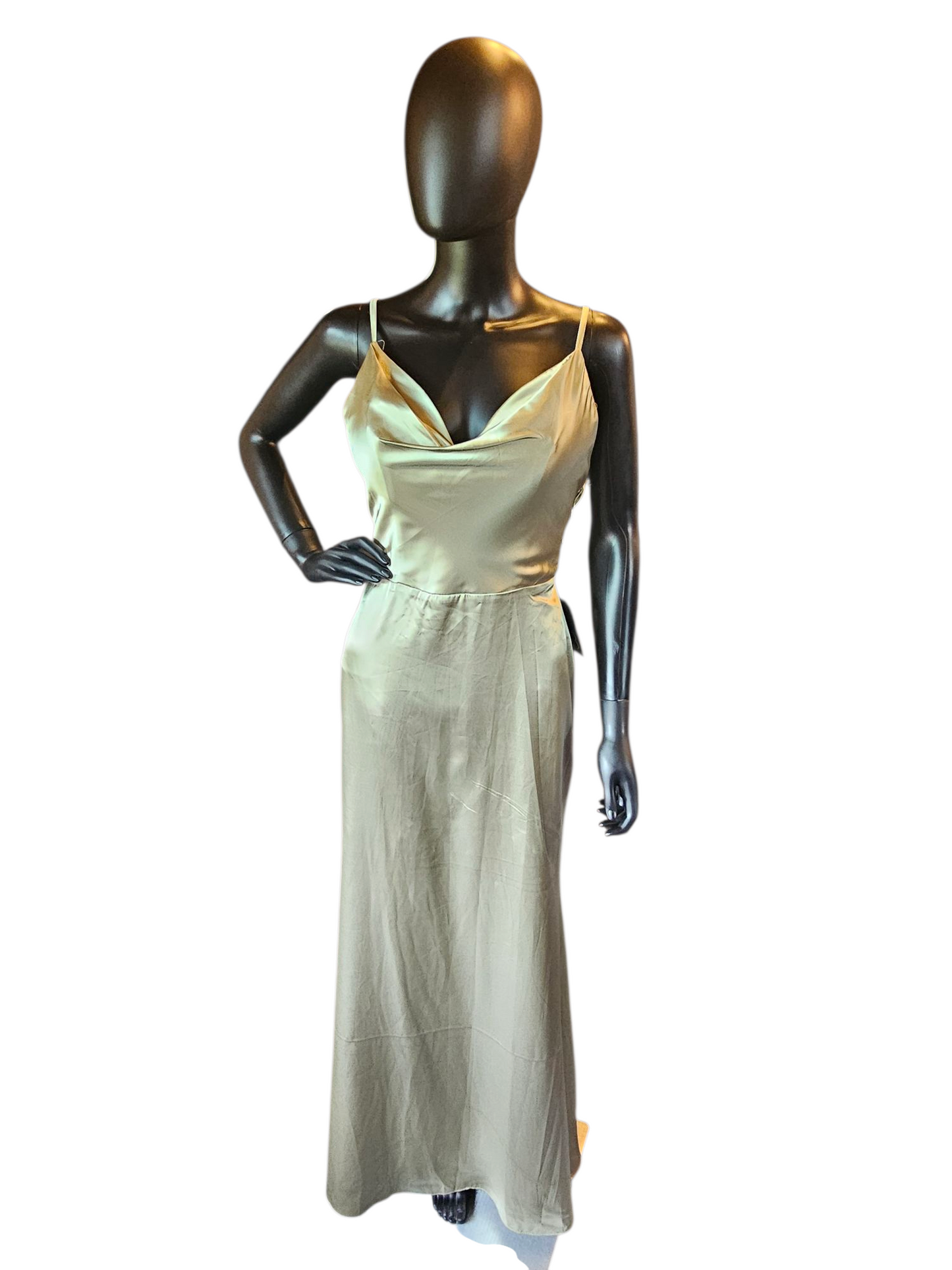 Sage Satin Drape Cowl Spaghetti Strap Formal Dress - NWT Hebeos