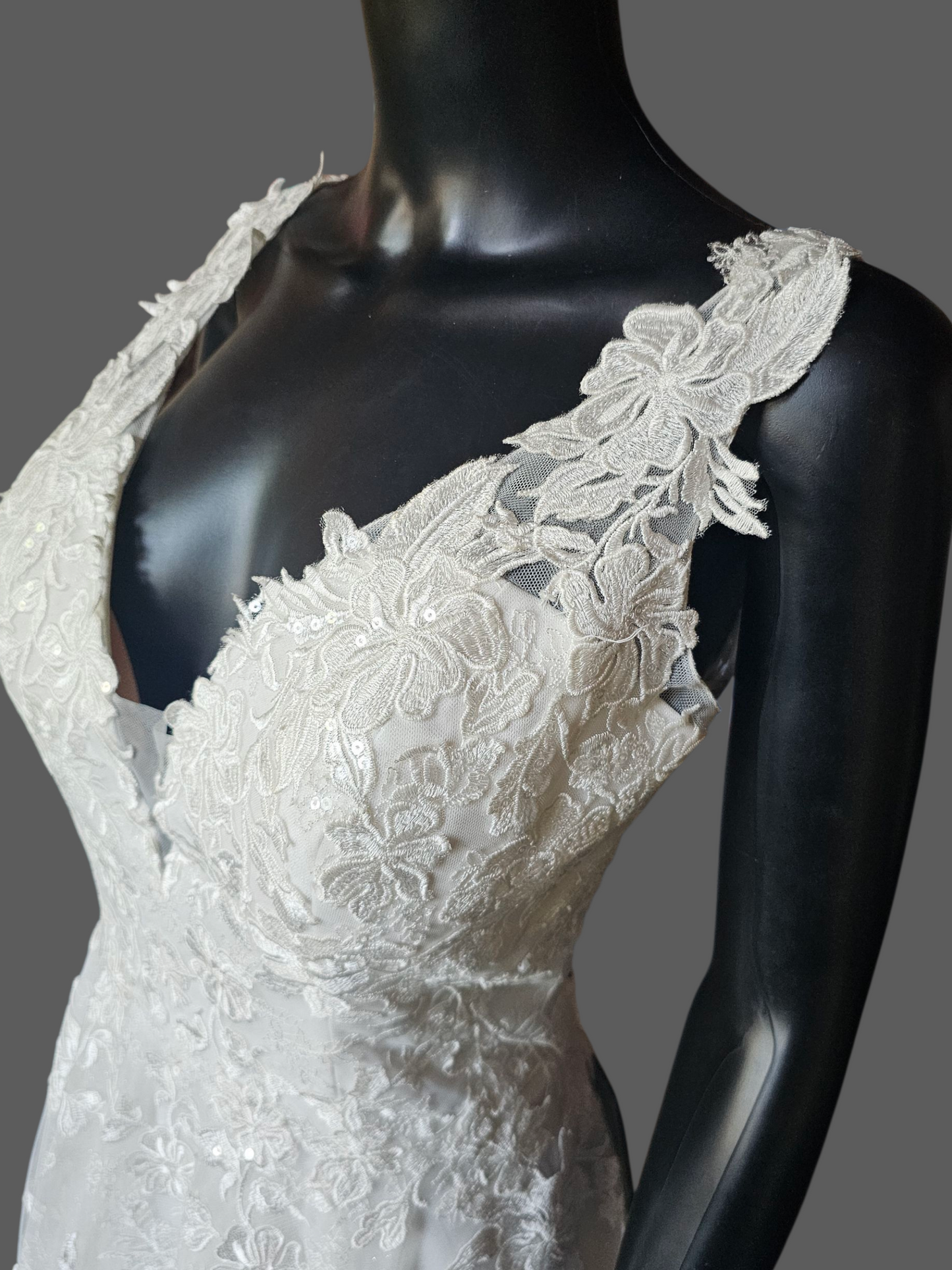 V-Neck Lace Applique Illusion Bodice A Line Wedding Gown - Petite