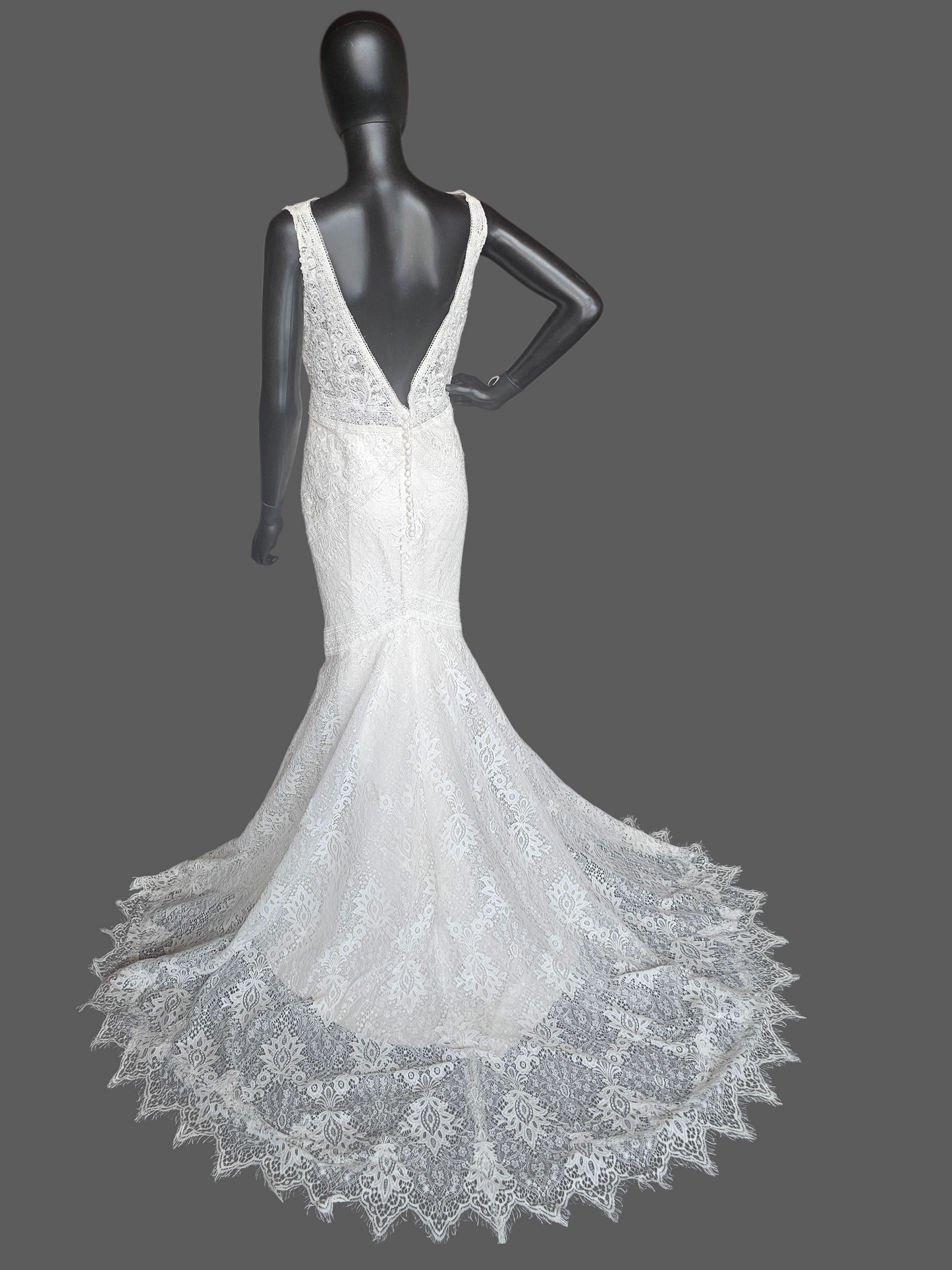 Boatneck Lace Ivory Fit/Flare Boho Wedding Gown - Lillian West