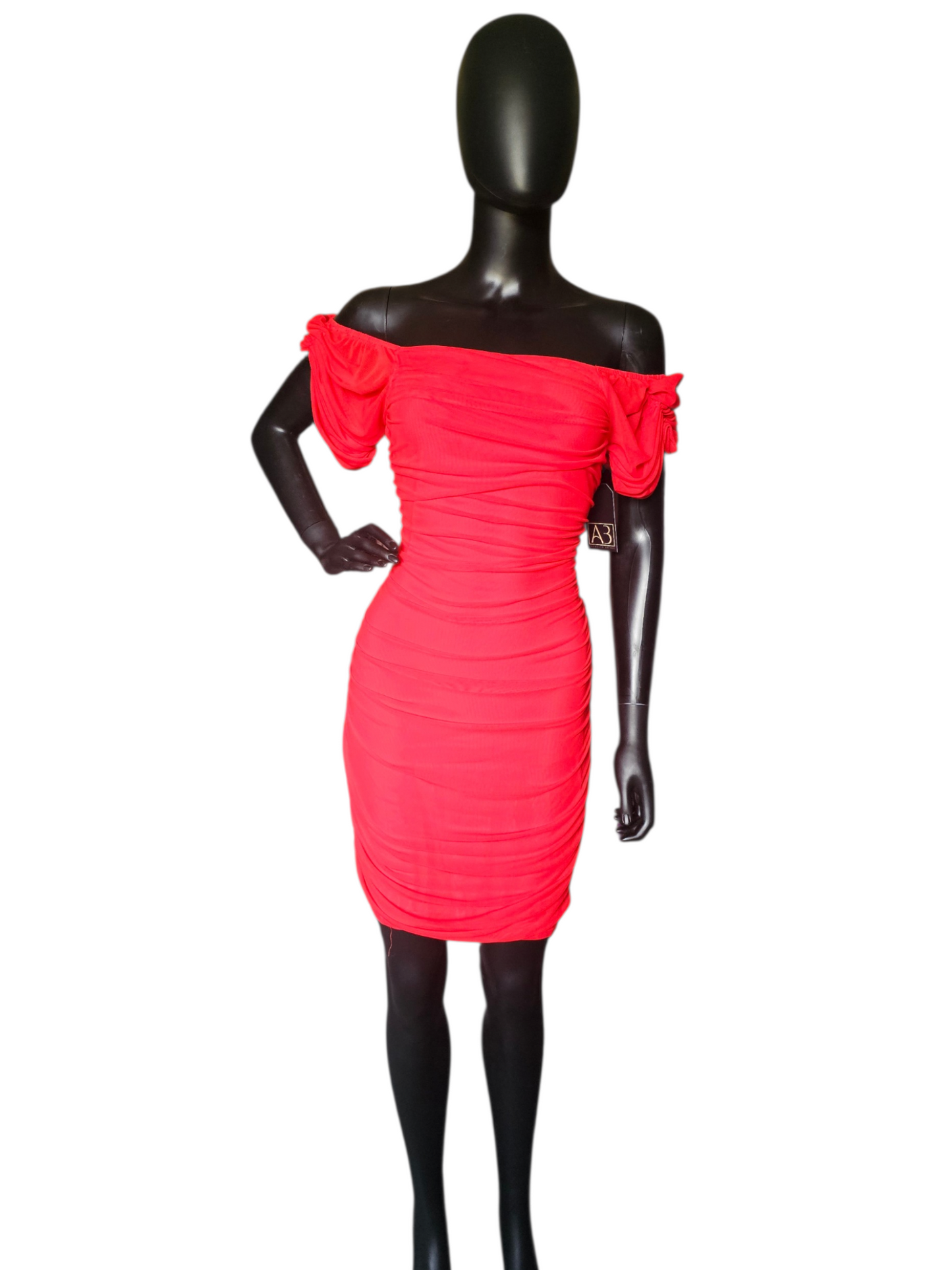 Red Net Ruched Cap Sleeve