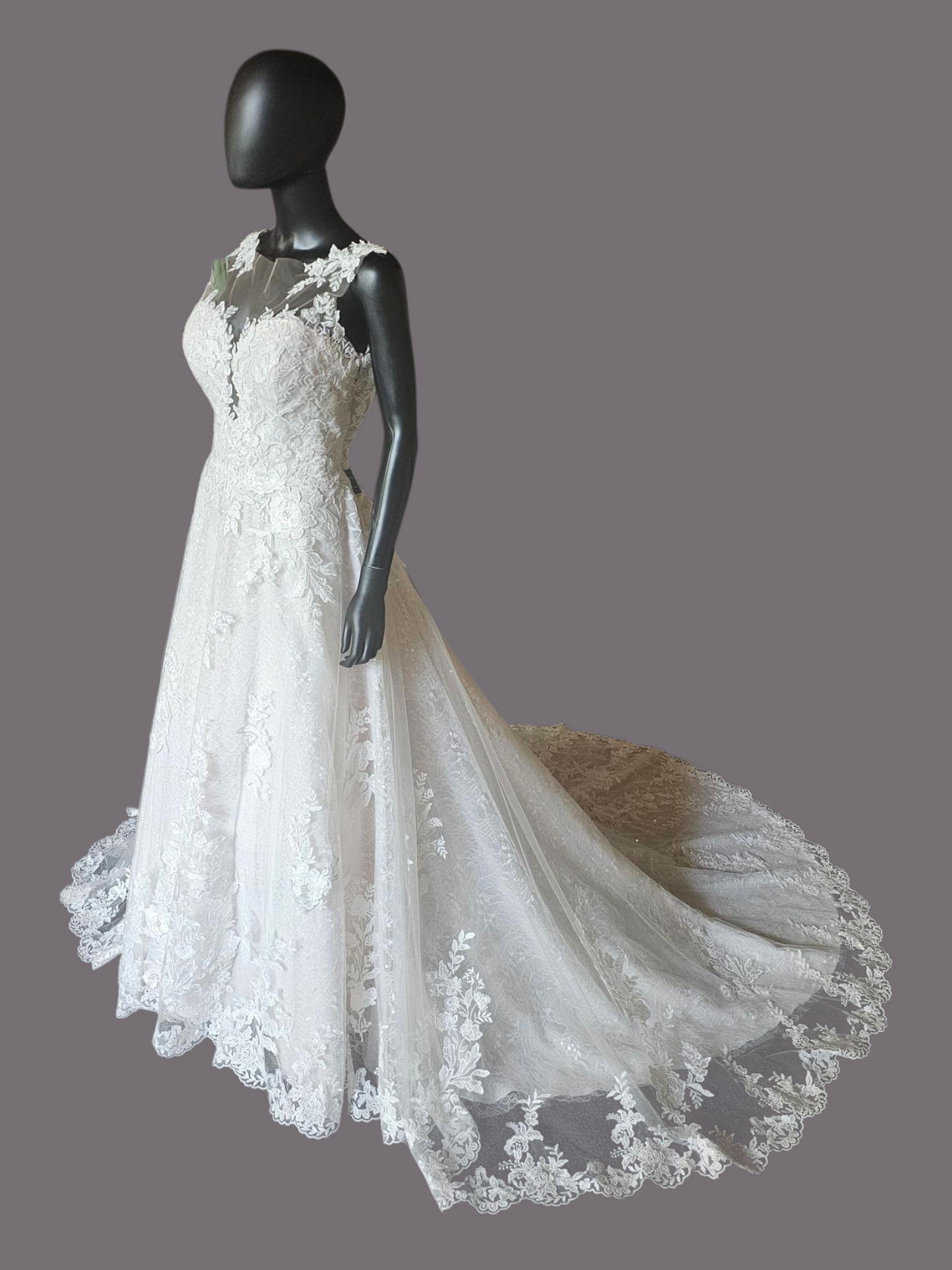 Ivory Illusion Neckline Plunge A-Line Floral Lace Wedding Gown - Morilee