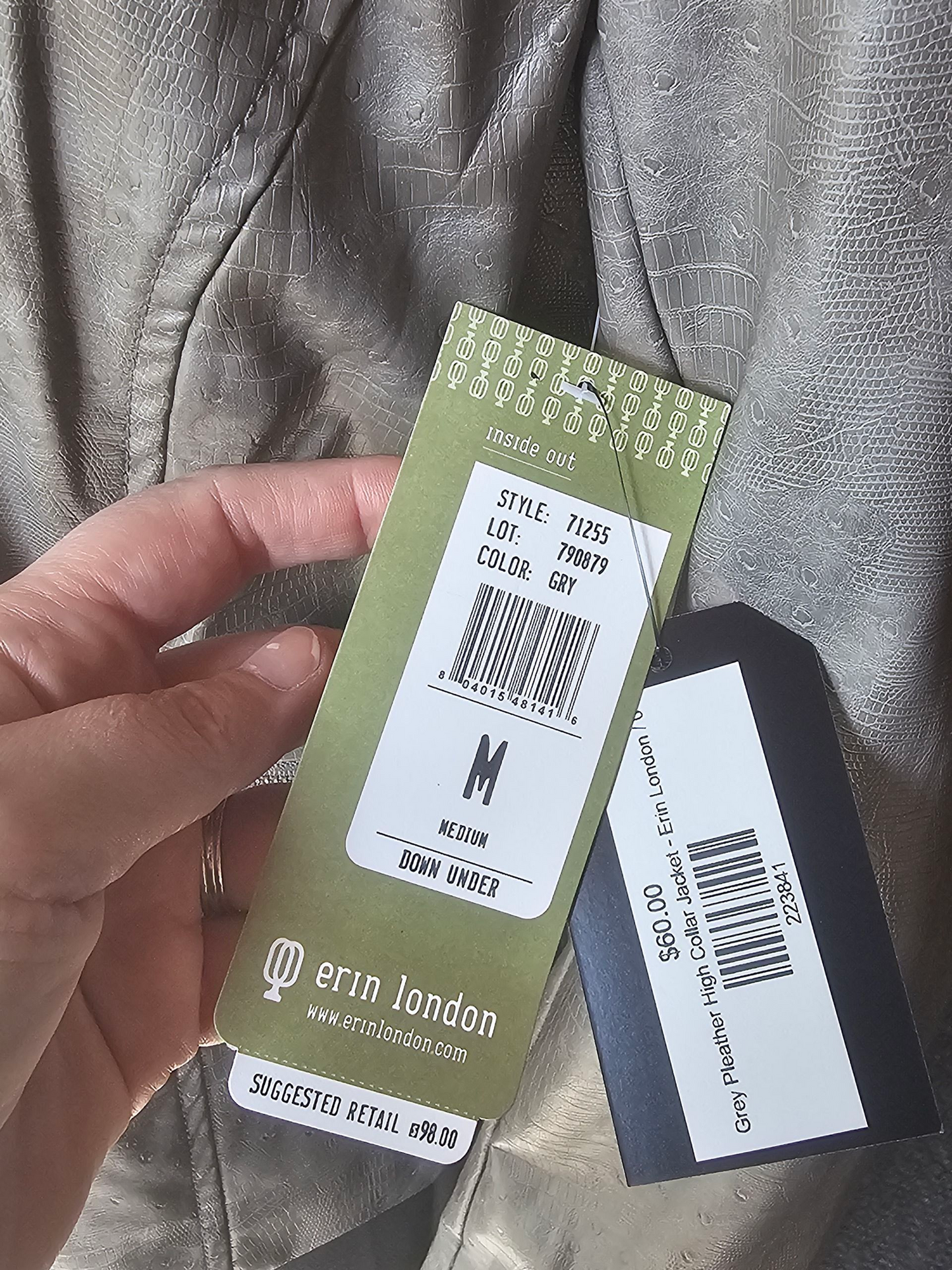 Grey Pleather High Collar Alligator Print Jacket NWT - Erin London